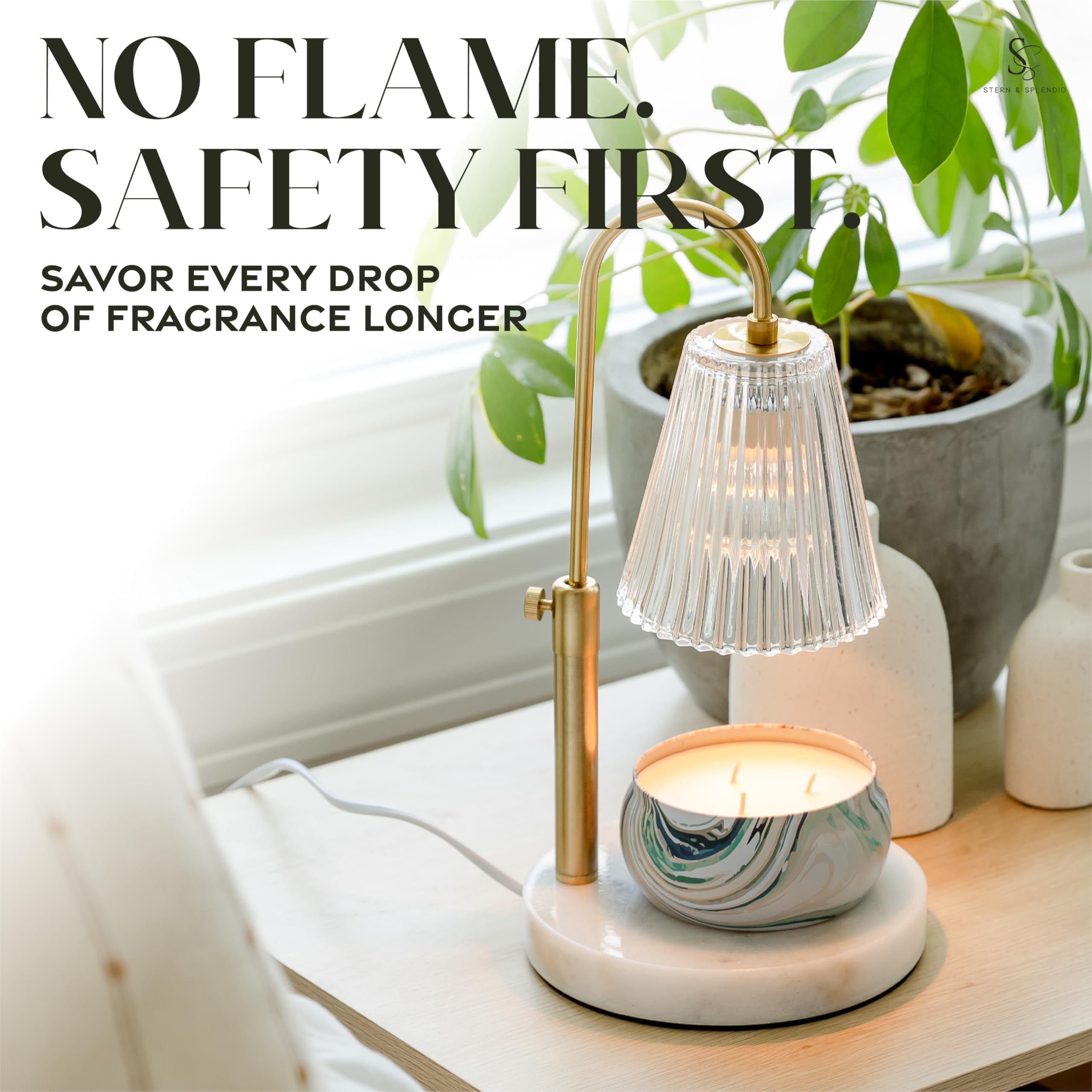 Flameless Candle Warmer Lamp for Jar Candles Large & Small – Dimmable Lamp Candle Warmer Electric with Large Marble Base & Adjustable Height – Candle Melter with Timer and 4 Halogen Light Bulbs