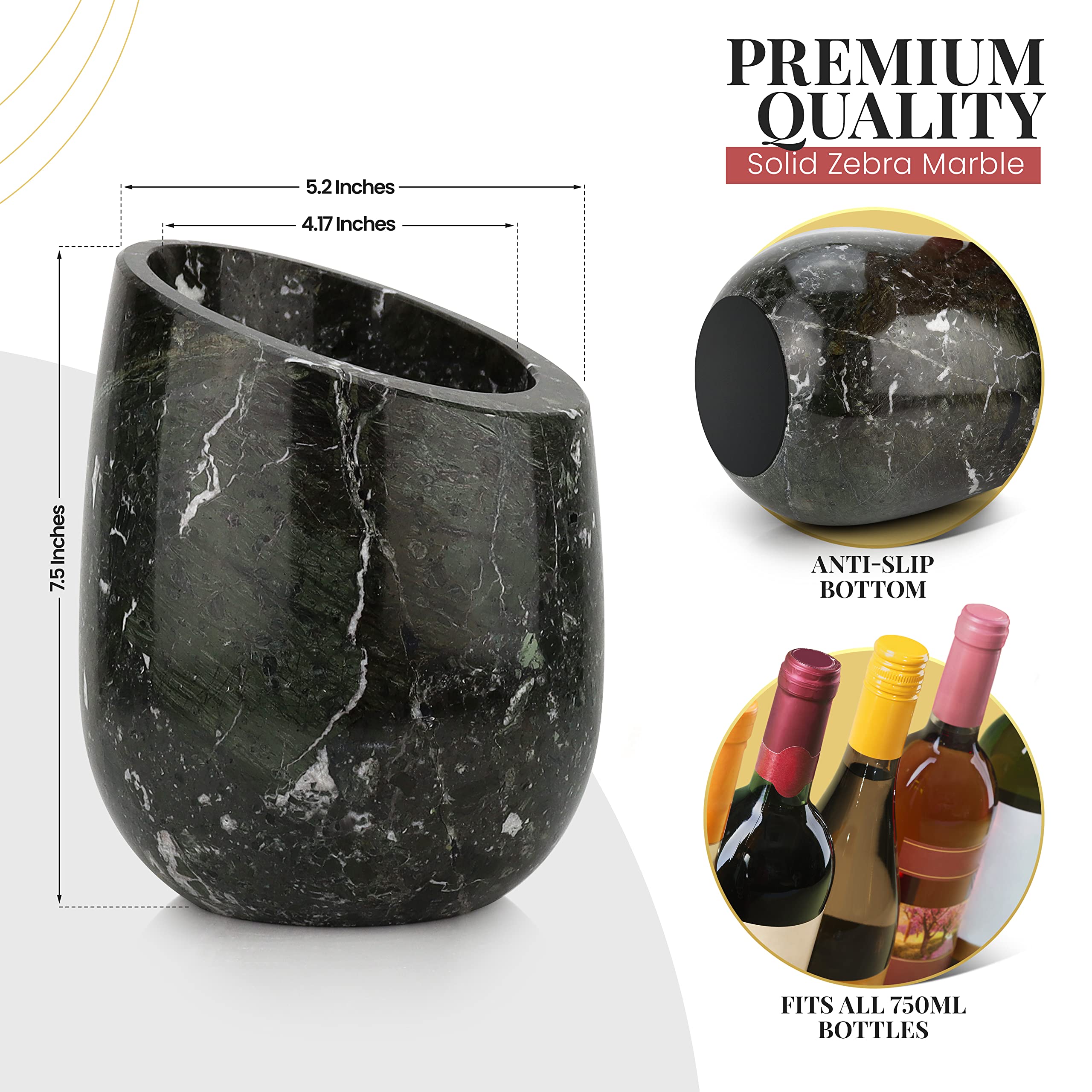 Gusto Nostro Marble Wine Chiller Bucket - 750ml Wine Bottle Cooler and Champagne Chiller for Party, Kitchen, Bar Cart Decor to Chill & Keep Bottles Cold with Unique Wine Lovers Gift Box (White)