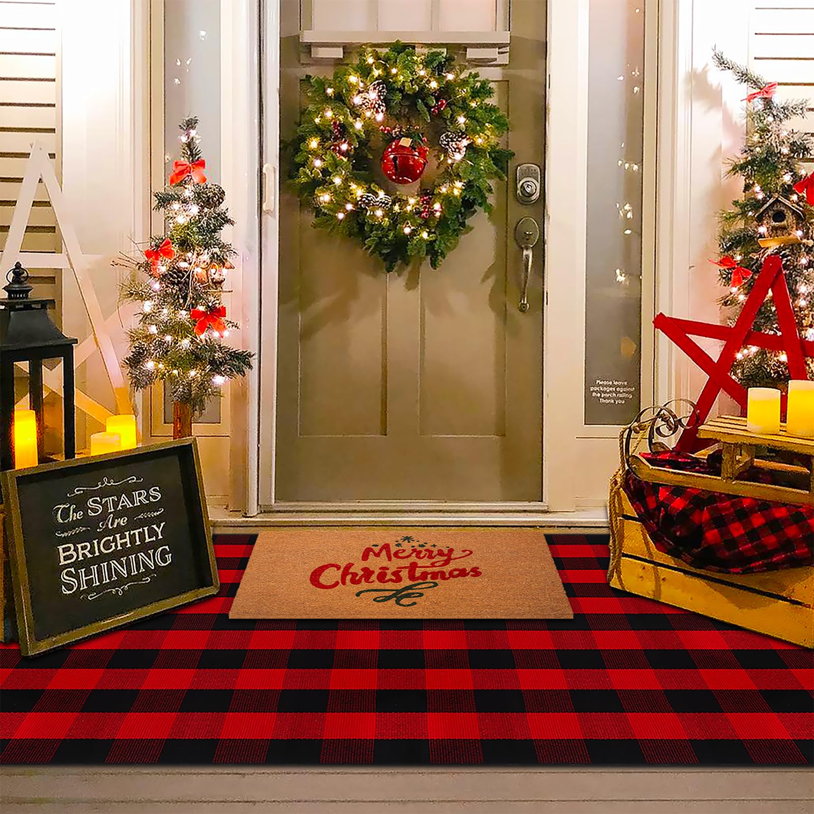 Christmas Red and White Plaid Rug - 28 x 43 Inches Outdoor Front Door Decor Mat Cotton Washable Hand-Woven Rug Christmas New Year Holiday Porch Entryway Layered Doormat
