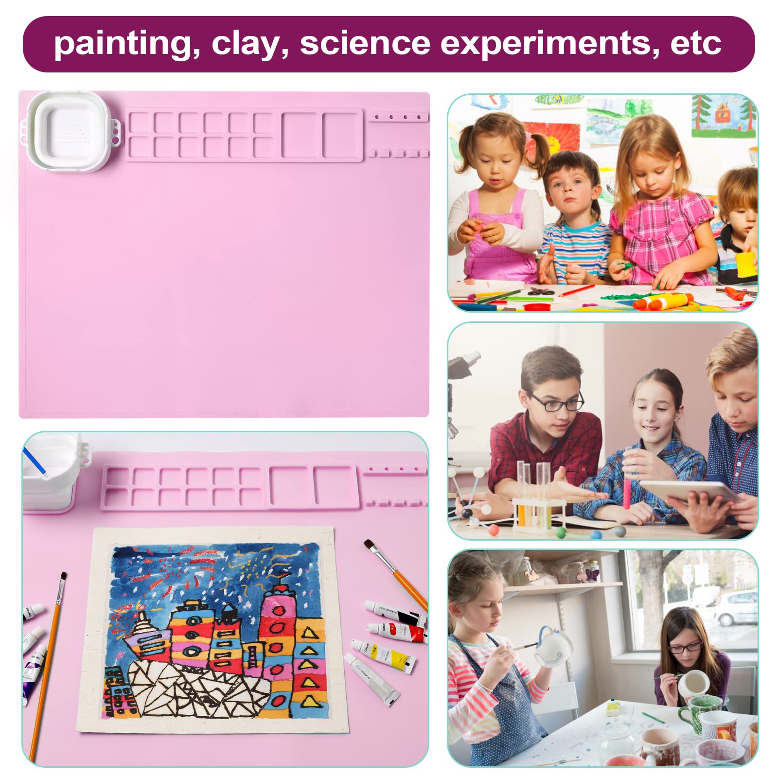 AWOKE Silicone Painting Mat - 20"X16" Silicone Art Mat with 1 Water Cup for Kids - Silcone Craft Mat has12 Color Dividers - 2 Paint Dividers (White)