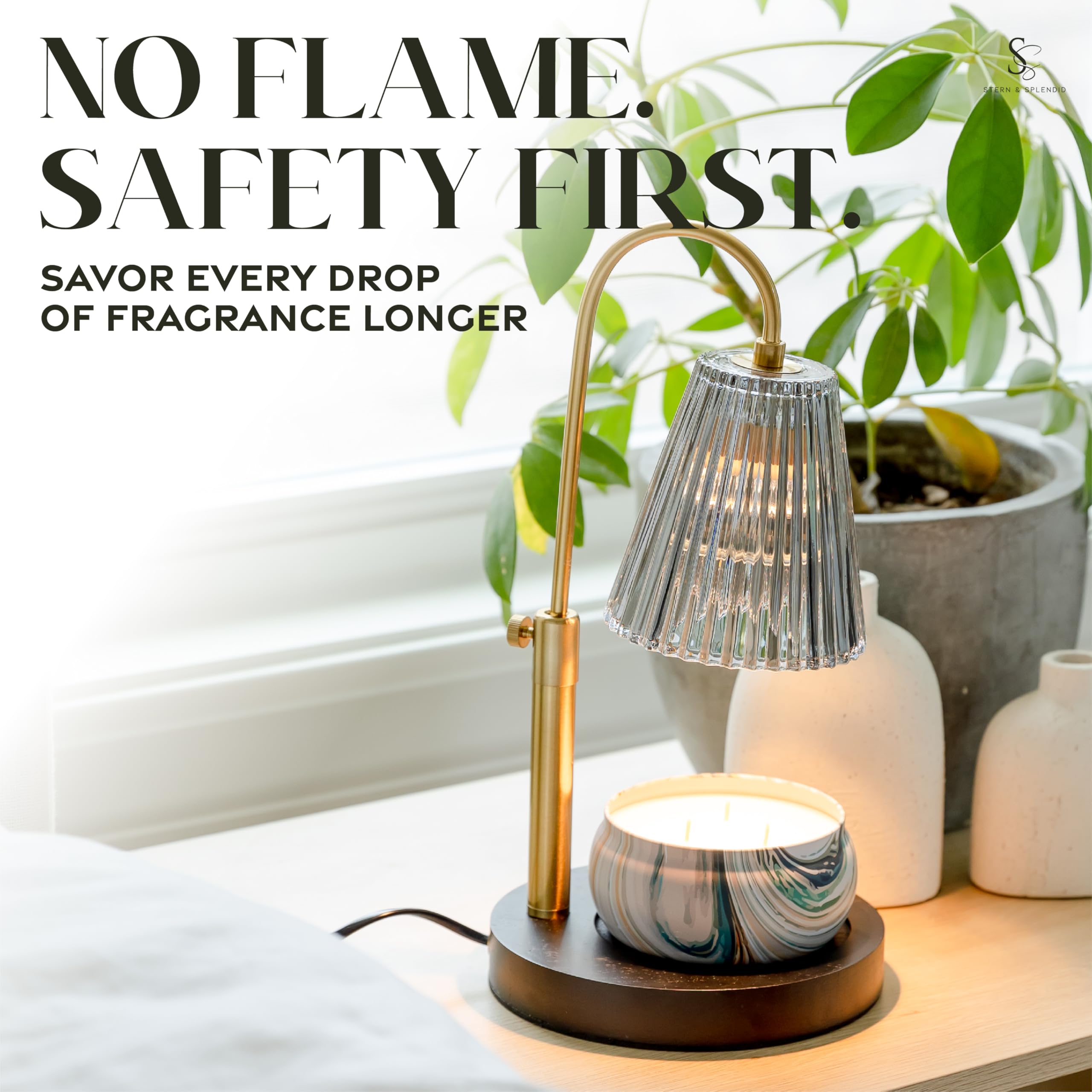 Flameless Candle Warmer Lamp for Jar Candles Large & Small – Dimmable Lamp Candle Warmer Electric with Large Marble Base & Adjustable Height – Candle Melter with Timer and 4 Halogen Light Bulbs