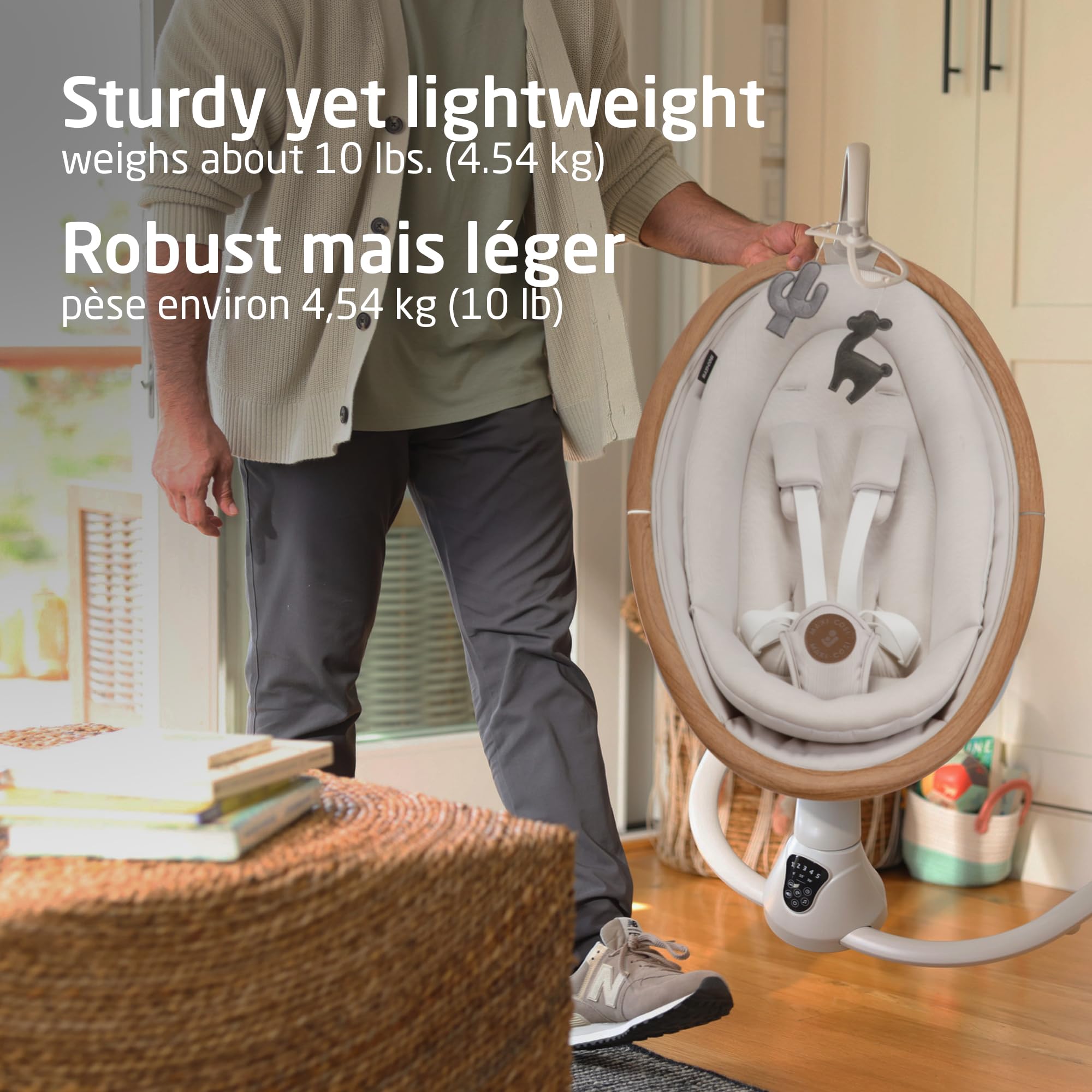 Maxi-Cosi Cassia Baby Swing, infant swing, automatic motion sensor, music, toys, recline, portable, 360 degree rotation, lightweight & foldable, Horizon Sand