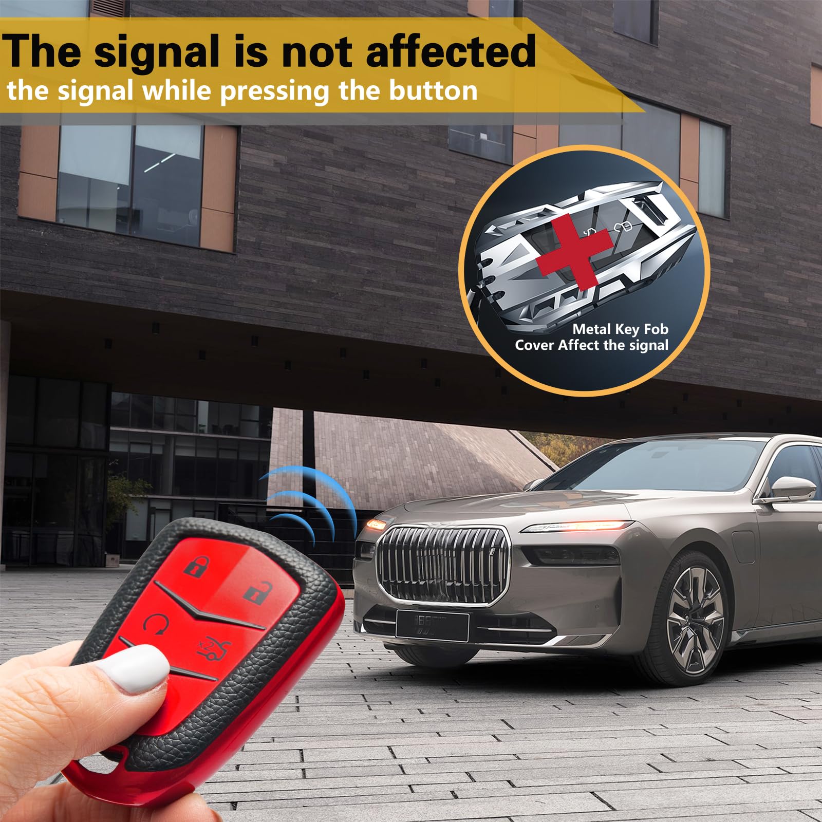 Cadillac Key Fob Cover with Metal Braided Rope Keychain, Upgraded Soft Key Case for 2015-2019 Escalade CTS SRX XT5 ATS STS CT6 (5 Button) (Gold Edge)