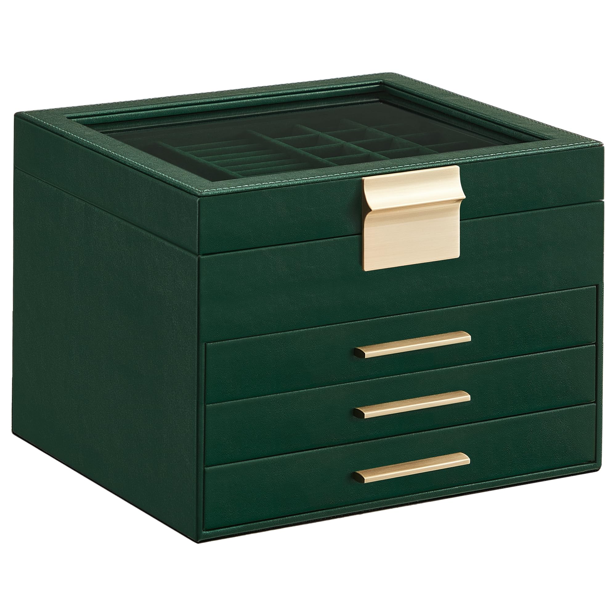 SONGMICS Jewelry Box with Glass Lid, 3-Layer Jewelry Organizer, 2 Drawers, for Big and Small Jewelry, Jewelry Storage, Modern Style, 8 x 9.1 x 5.3 Inches, Cloud White and Gold Color UJBC239WT