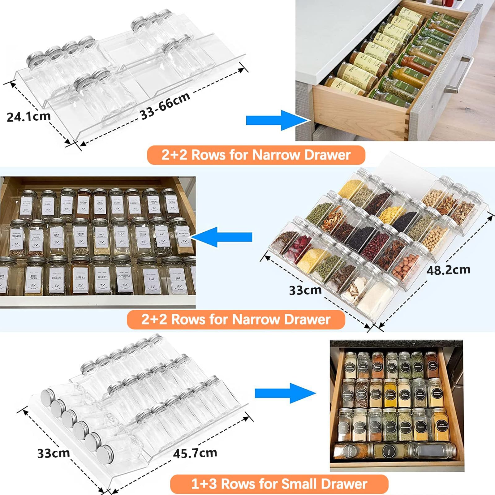 Clear Acrylic Spice Drawer Organizer, 4 Tier- 2 Set Expandable From 33 cm to 66 cm Seasoning Jars Drawers Insert, Kitchen Spice Rack Tray for Drawer/Countertop (Jars and Labels not included)