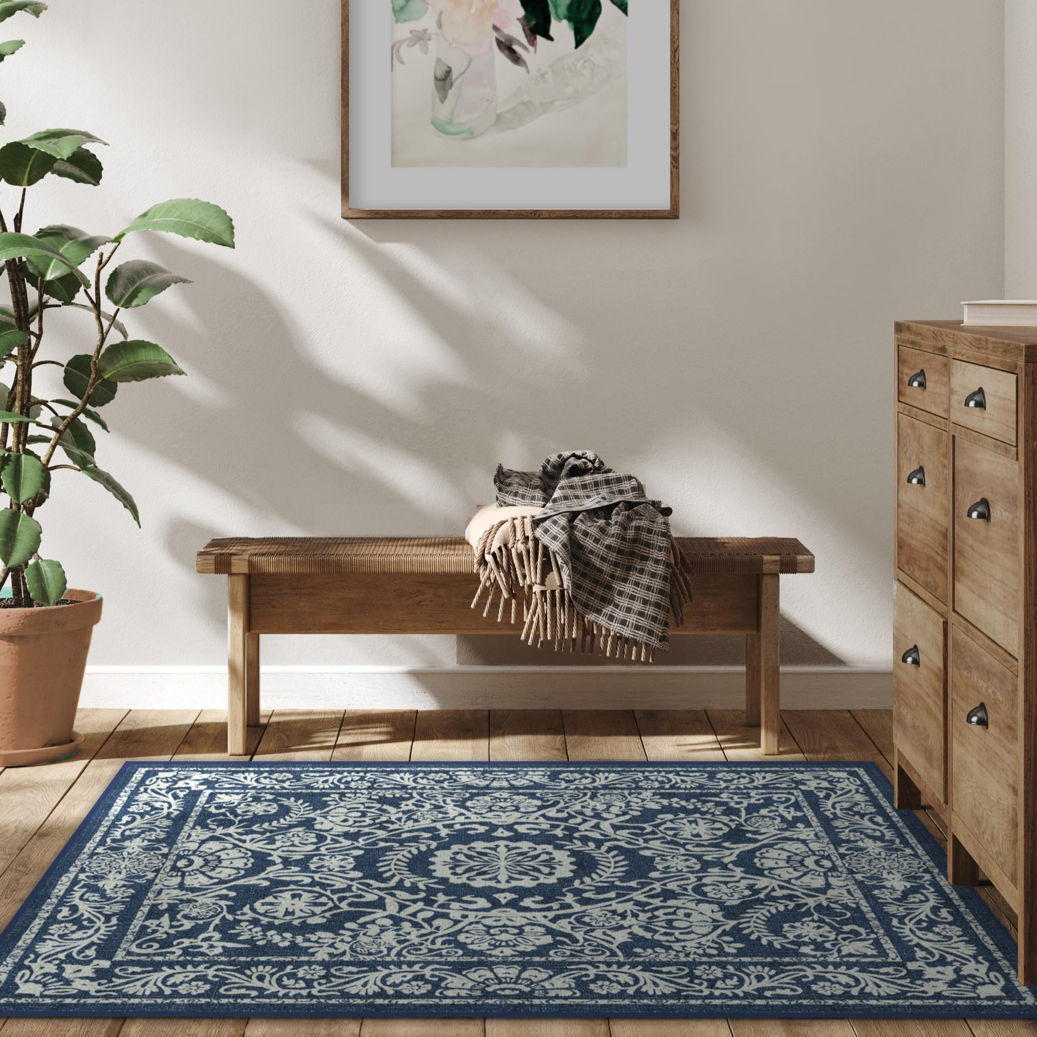 RUGGABLE Washable 2x3 Area Rug, Delphina Delft Blue, Premium Vintage Rugs for Living Room, Bedroom, Kitchen, Office, Classroom with Gripper Non Slip Pad