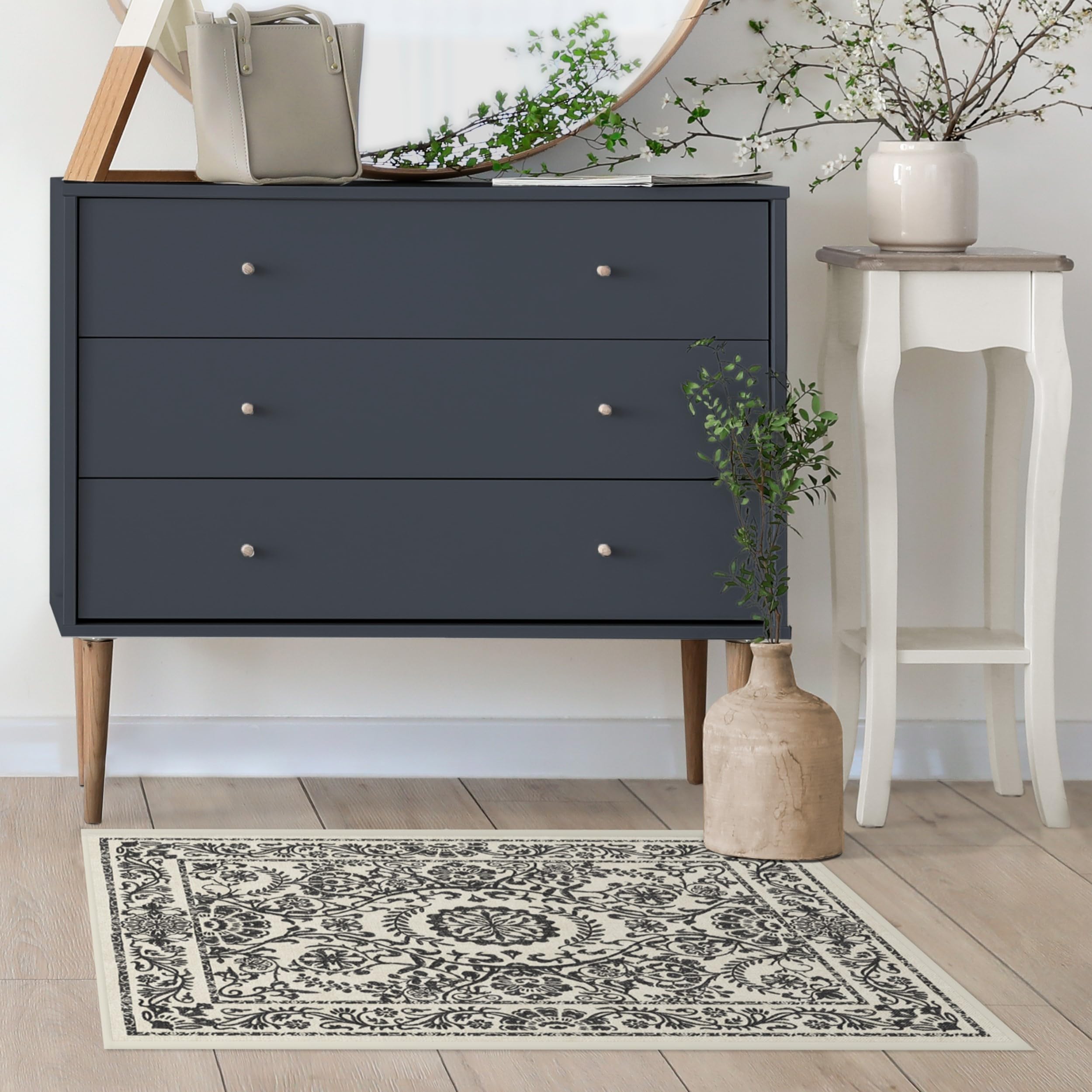 RUGGABLE Washable 2x3 Area Rug, Delphina Delft Blue, Premium Vintage Rugs for Living Room, Bedroom, Kitchen, Office, Classroom with Gripper Non Slip Pad