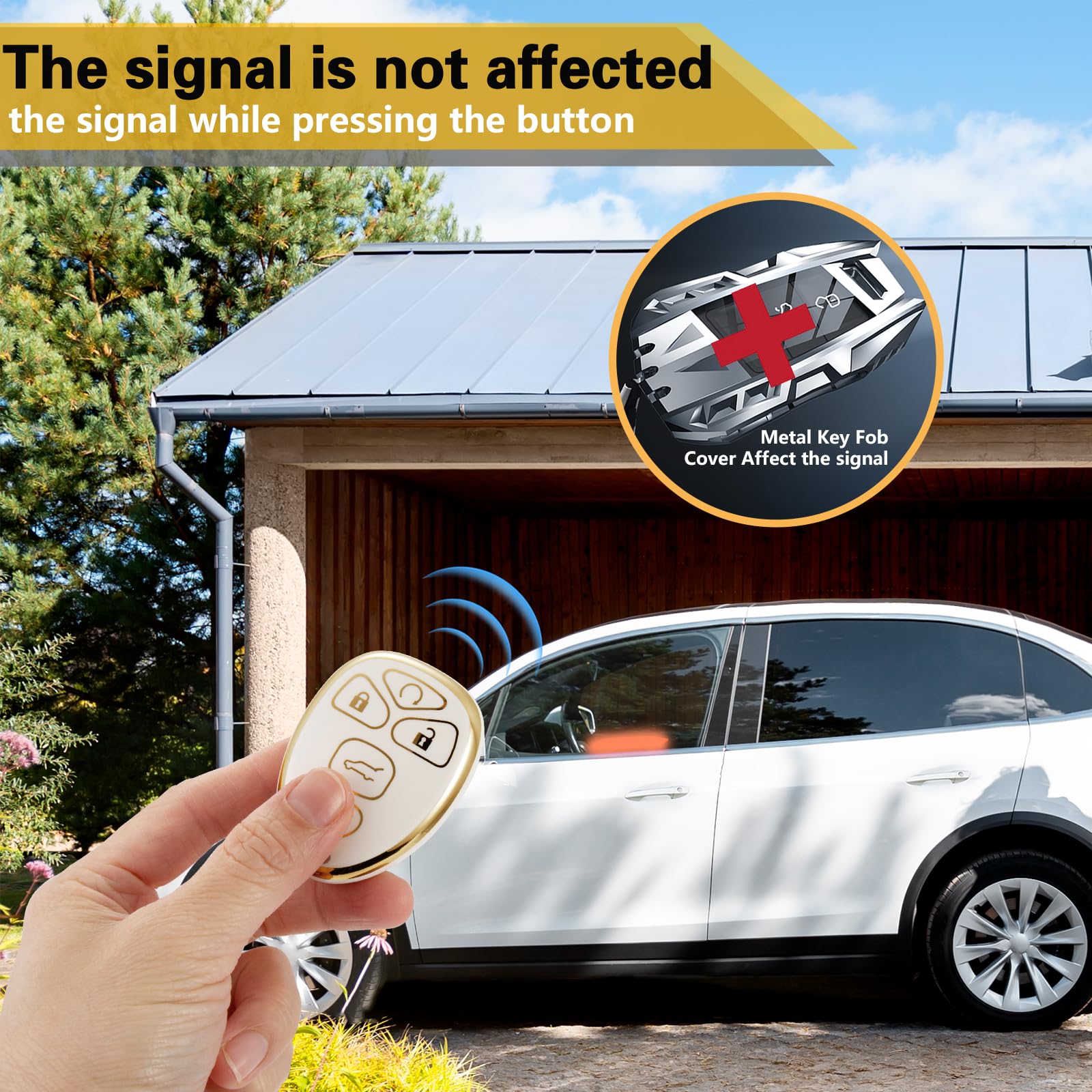 Cadillac Key Fob Cover with Metal Braided Rope Keychain, Upgraded Soft Key Case for 2015-2019 Escalade CTS SRX XT5 ATS STS CT6 (5 Button) (Gold Edge)