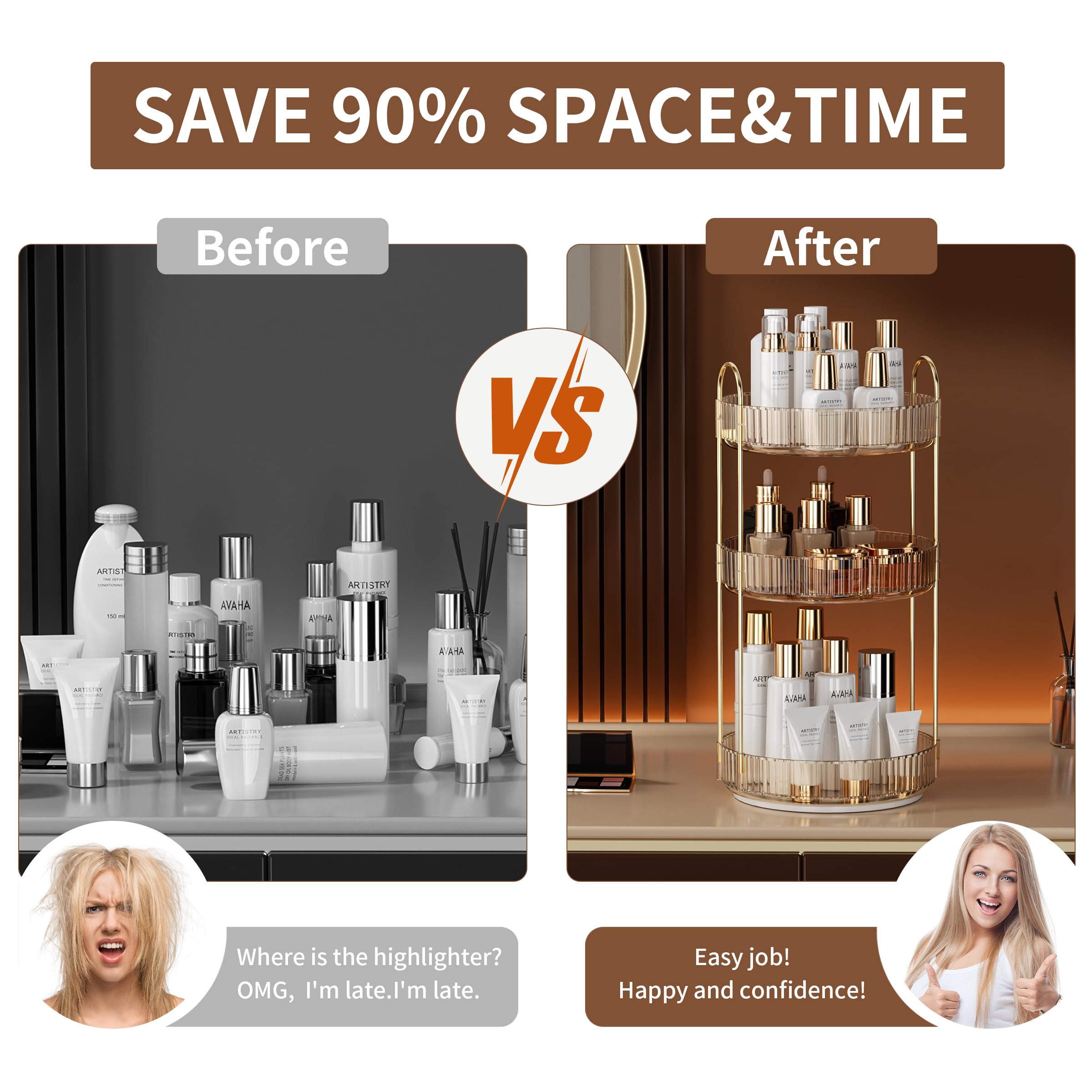 YCIA&DONE 360 Rotating Makeup Organizer and Storage for Vanity Bathroom Countertop, High Capacity Cosmetic Skincare Perfume Organizer for Dresser Lazy Susan Organizers(Clear White,2 Tiers)