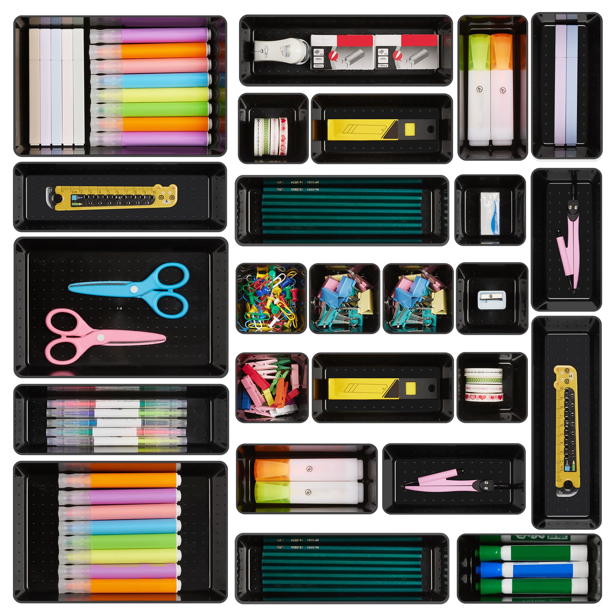 Vtopmart 25 PCS Clear Plastic Drawer Organizers Set, 4-Size Versatile Bathroom and Vanity Drawer Organizer Trays, Storage Bins for Makeup, Bedroom, Kitchen Gadgets Utensils and Office