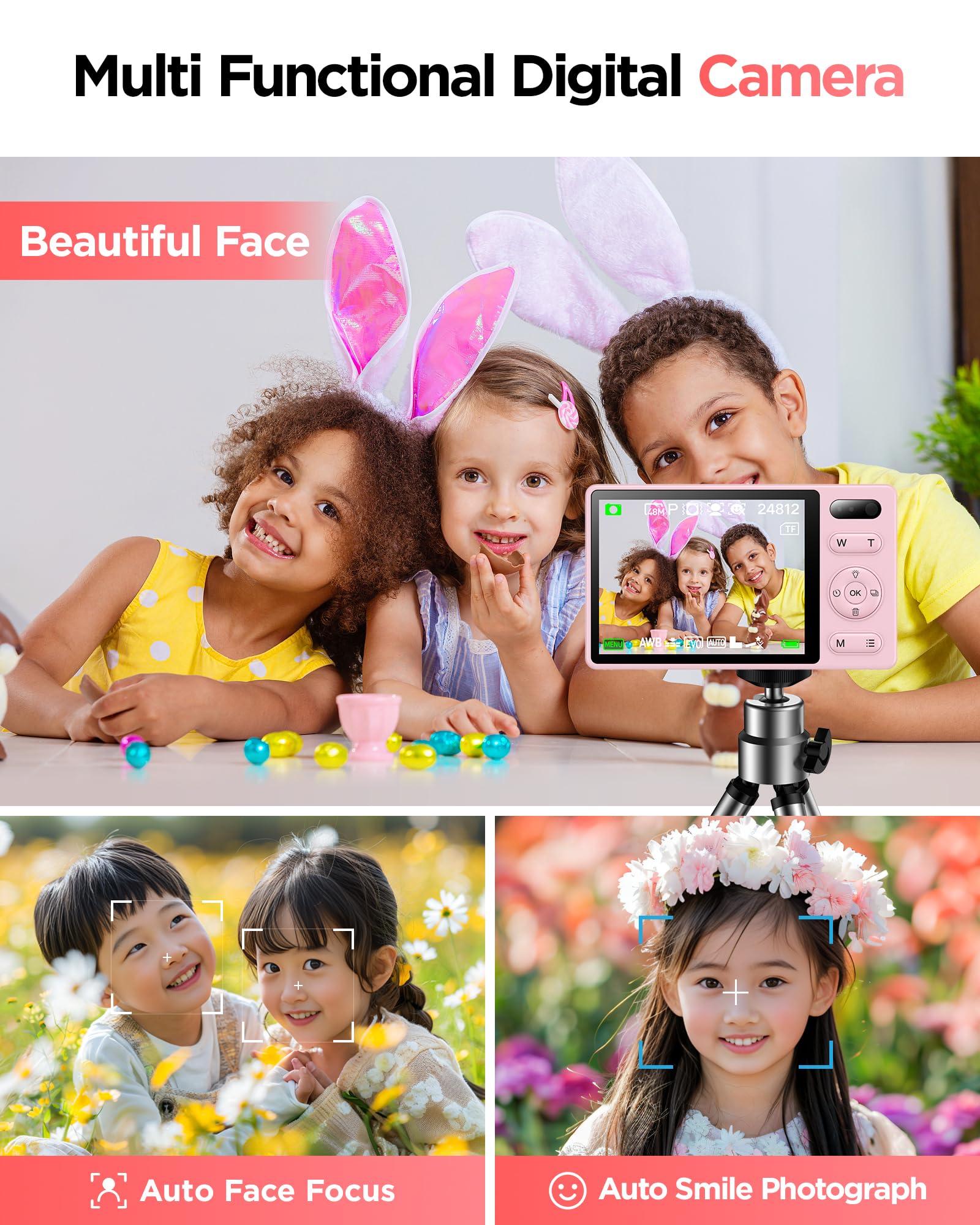 64GB Digital Camera for Kids: 48MP Anti-Shake Camera Photography Vlogging Camera for YouTube 16X Digital Zoom Photo Filtration Continuous Shooting Self-Timer Autofocus Compact Camera