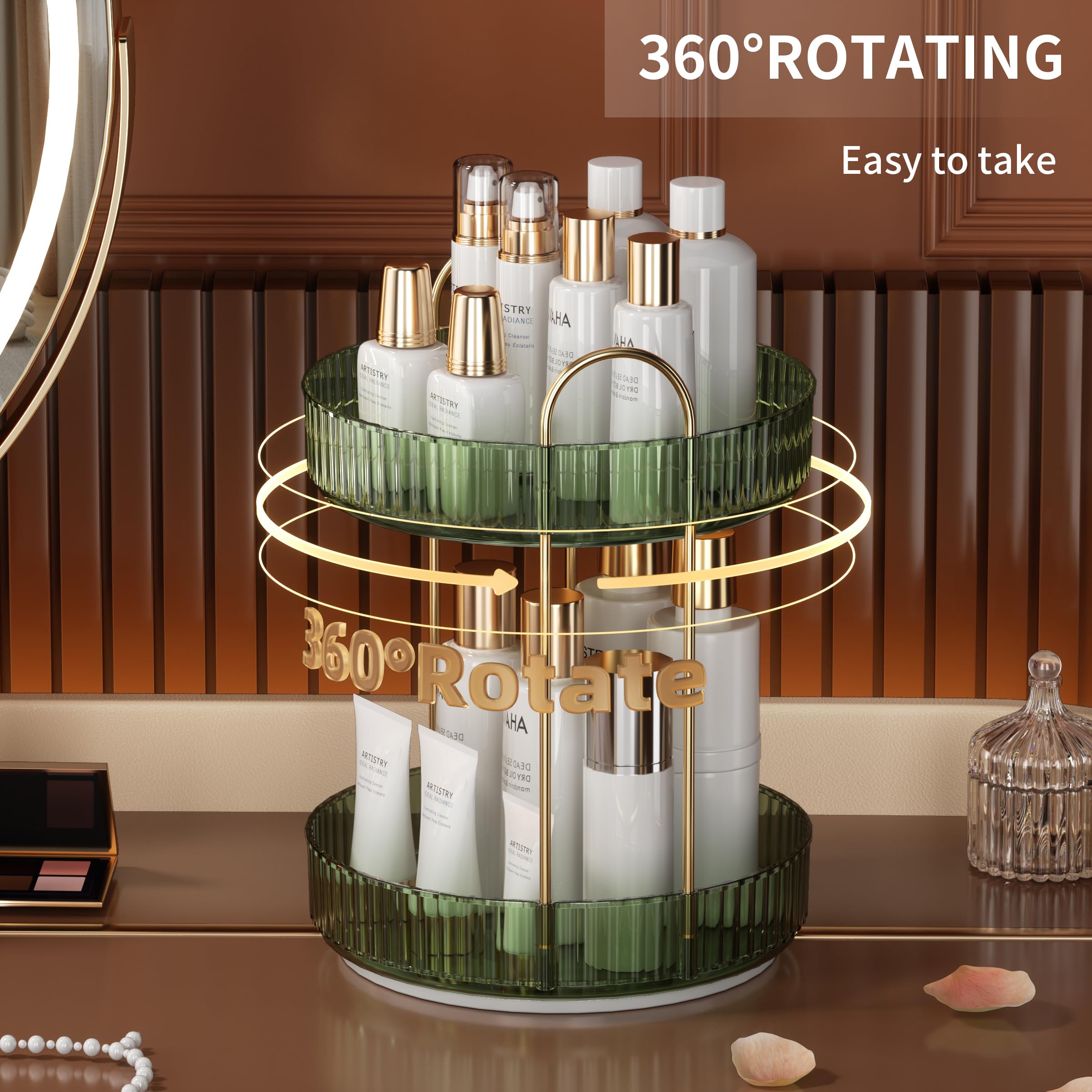 YCIA&DONE 360 Rotating Makeup Organizer and Storage for Vanity Bathroom Countertop, High Capacity Cosmetic Skincare Perfume Organizer for Dresser Lazy Susan Organizers(Clear White,2 Tiers)