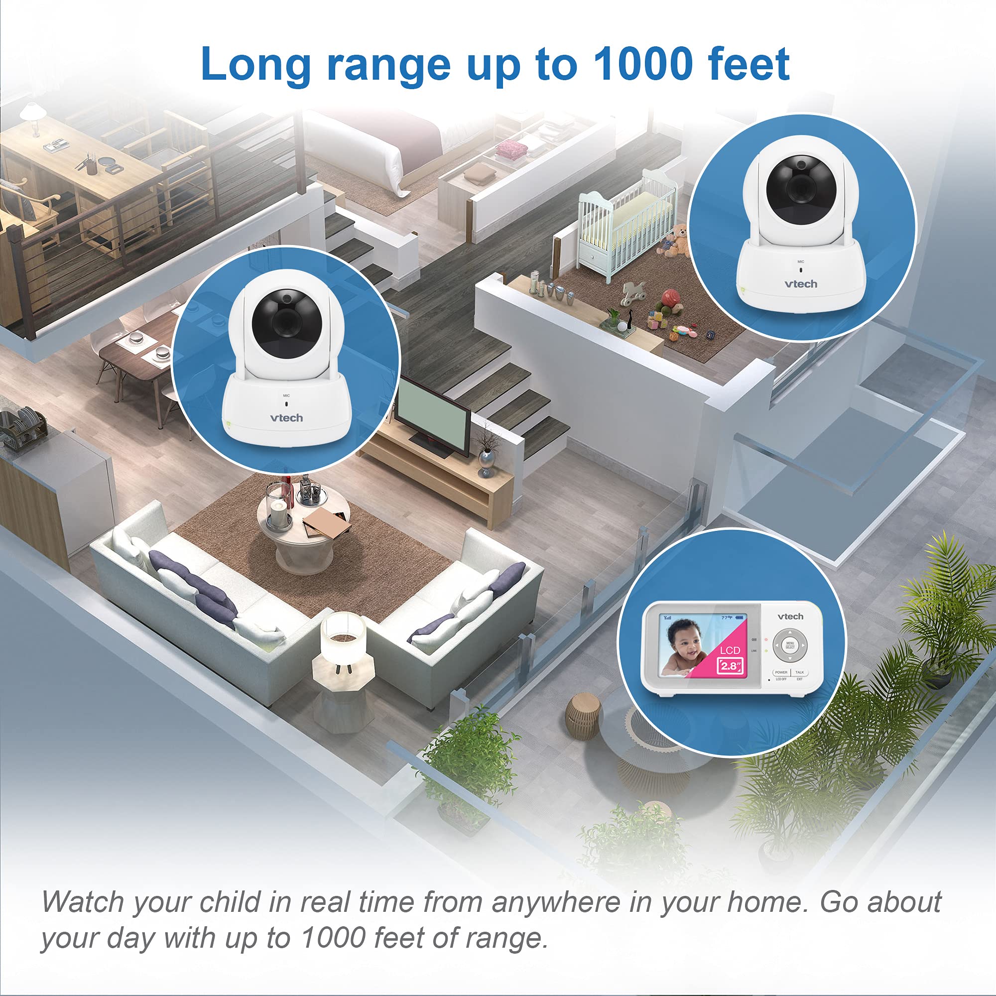 VTech VM819 Baby Monitor, 2.8” Screen, Night Vision, 2-Way Audio, Temperature Sensor and Lullabies, Secure Transmission No WiFi