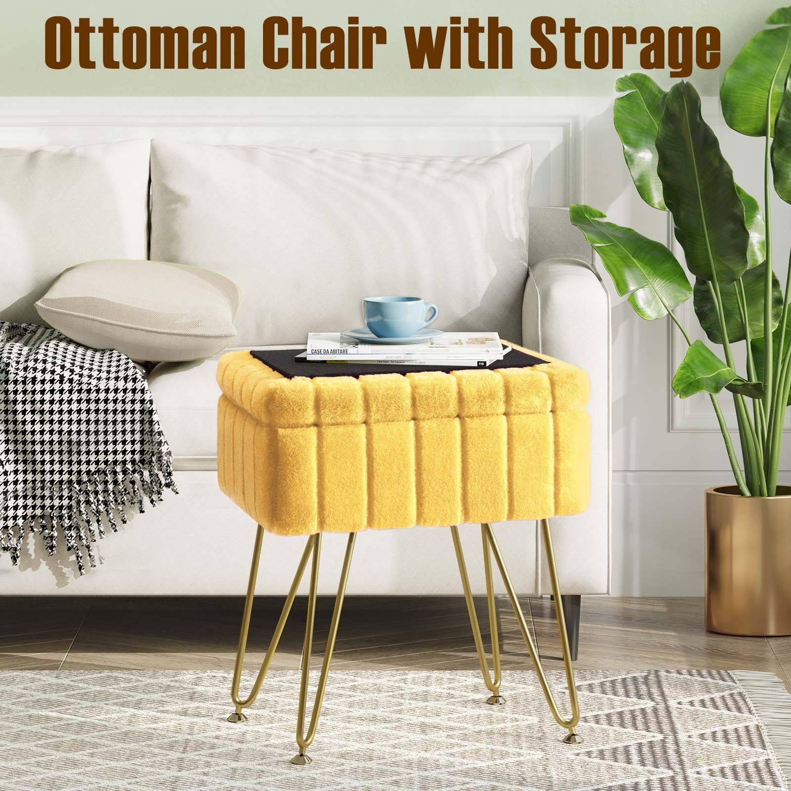 Greenstell Vanity Stool Chair Faux Fur with Storage, 19.4" H x 15.7" L x 11.8" W Soft Ottoman 4 Metal Legs with Anti-Slip Feet, Furry Padded Seat, Modern Multifunctional Chairs for Makeup, Bedroom