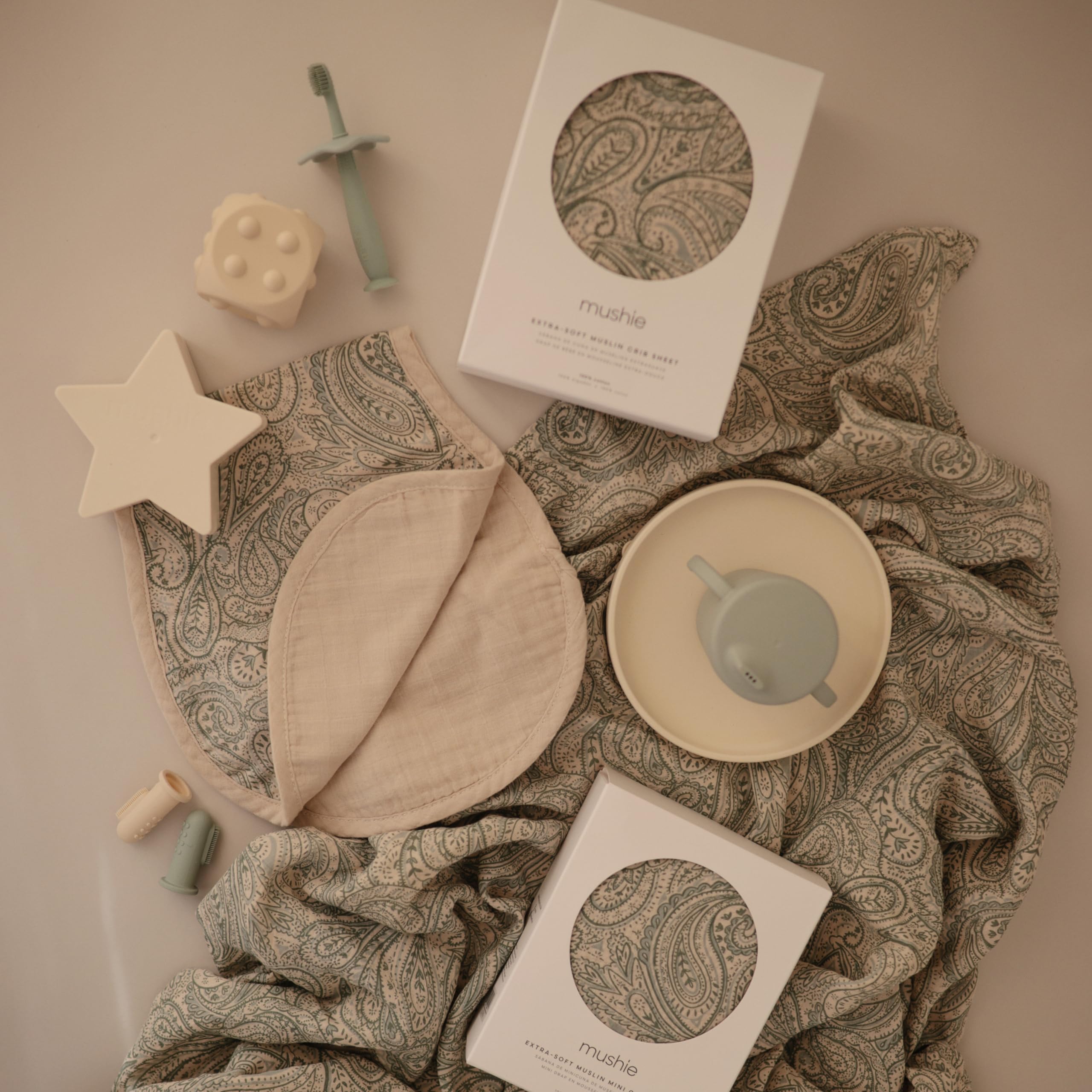 mushie Muslin Baby Burp Cloths | 100% Organic Cotton, Set of 2 (Olive Check/Natural Check)