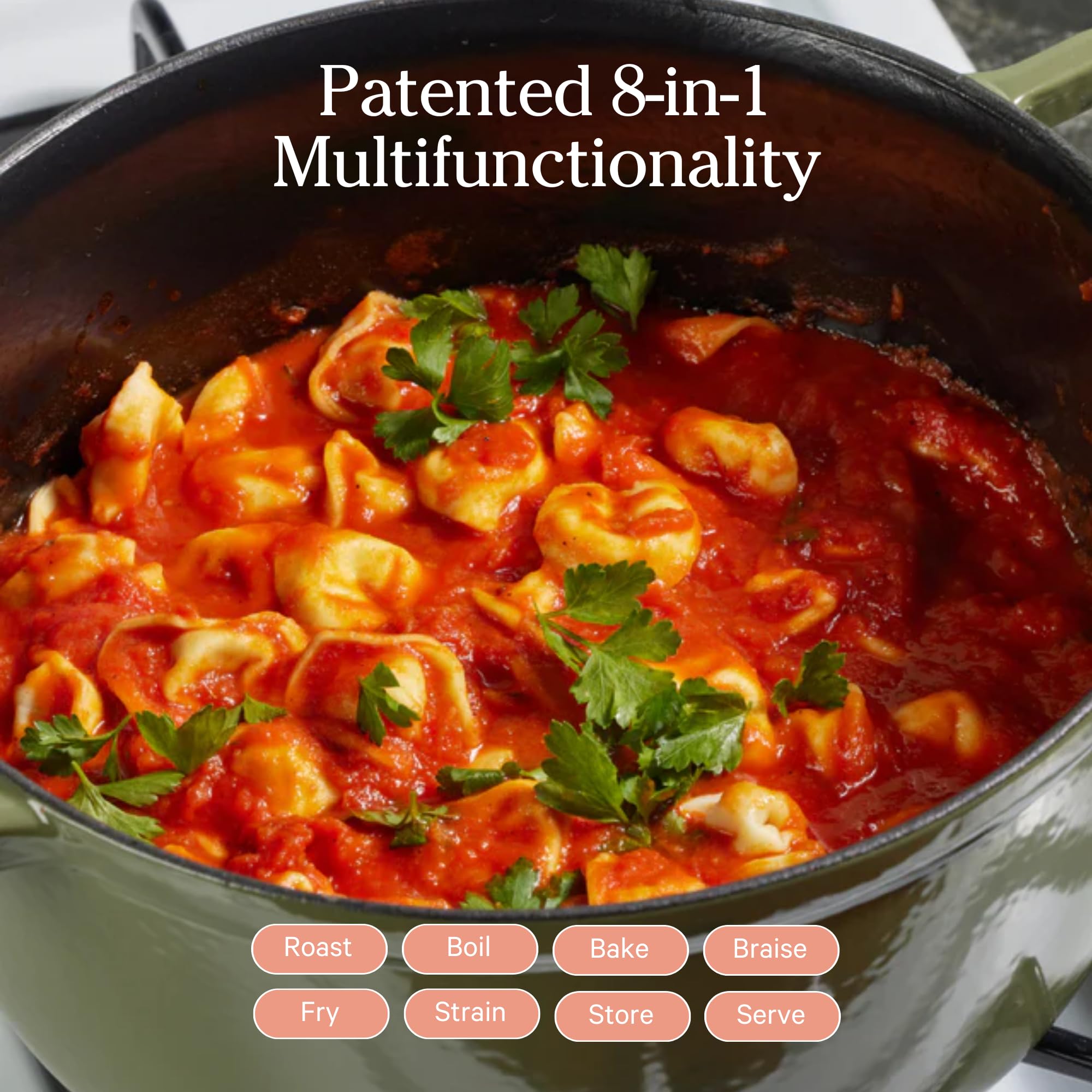 Our Place Cast Iron Perfect Pot | 6-in-1 Multifunctional 5.5 Qt. Toxin-Free Enameled Dutch Oven with Self-Basting Lid | Hot Grips & Beechwood Scraper | Induction Cooktop and Oven Safe | Spice