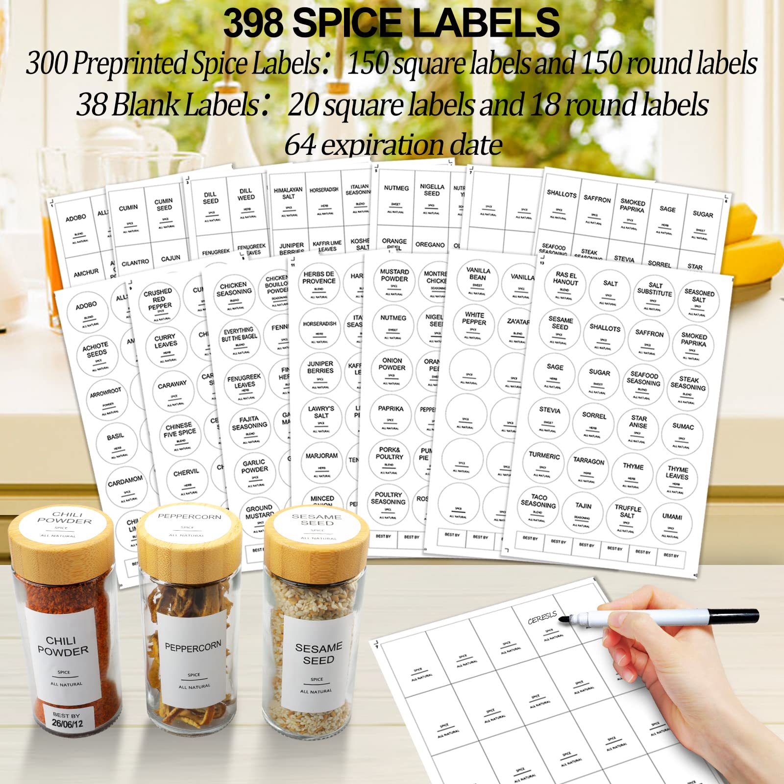AISIPRIN 24 Pcs Glass Spice Jars with Bamboo Airtight Lids and 398 Labels, 4oz Empty Square Containers Seasoning Storage Bottles - Shaker Lids, Funnel, Brush and Marker Included