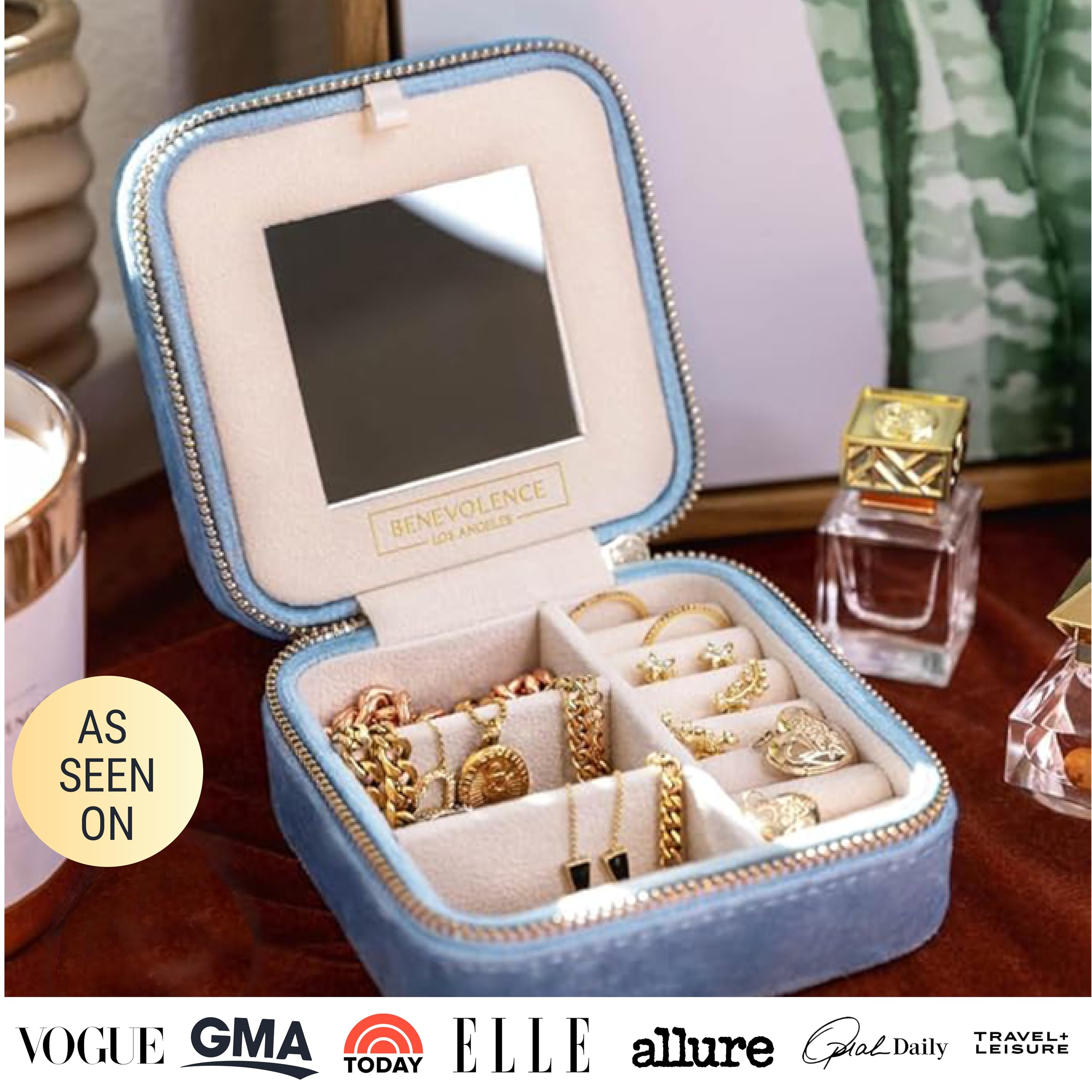 Benevolence LA Plush Velvet Travel Jewelry Storage Box | Travel Jewelry Case Small Jewelry Box for Women | Jewelry Travel Organizer | Earring Organizer with Mirror - Dusty Pink