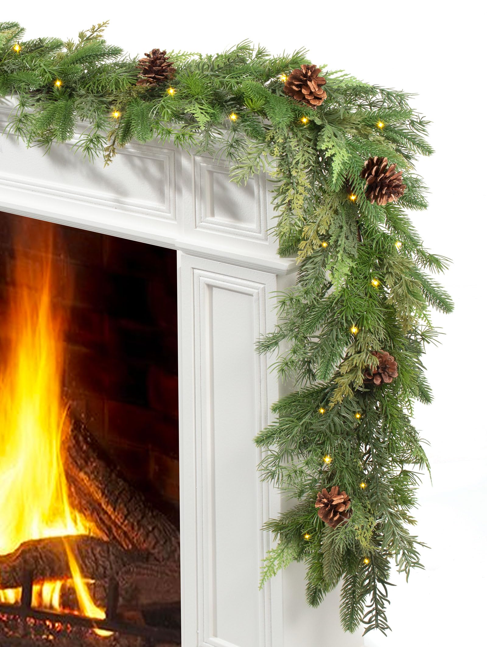 Jin&Bao 6FT Real Touch Norfolk Pine Garlands, Christmas Garland with Lights, Christmas Decorations for Mantel Stairs Table Runner Outdoor Indoor Winter Decor, 50 LED with Timer 8 Modes