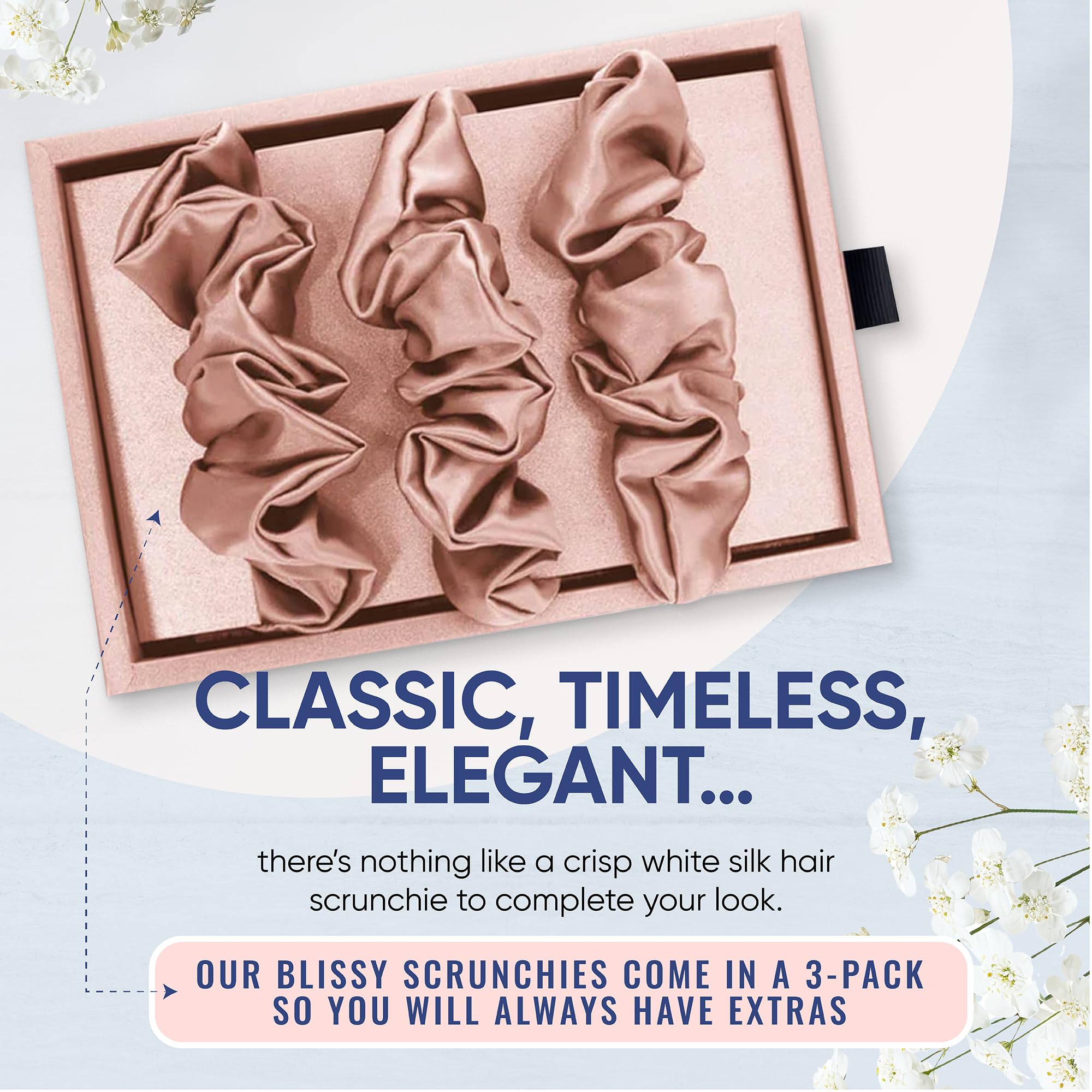 Blissy Silk Scrunchies (3 Pack) - 100% Pure Mulberry Silk - 22 Momme 6A High-Grade Fibers - Silk Scrunchie for Straight & Curly Hair - Preventing Breakage, Tangling, & Creasing (Rose Skinny)