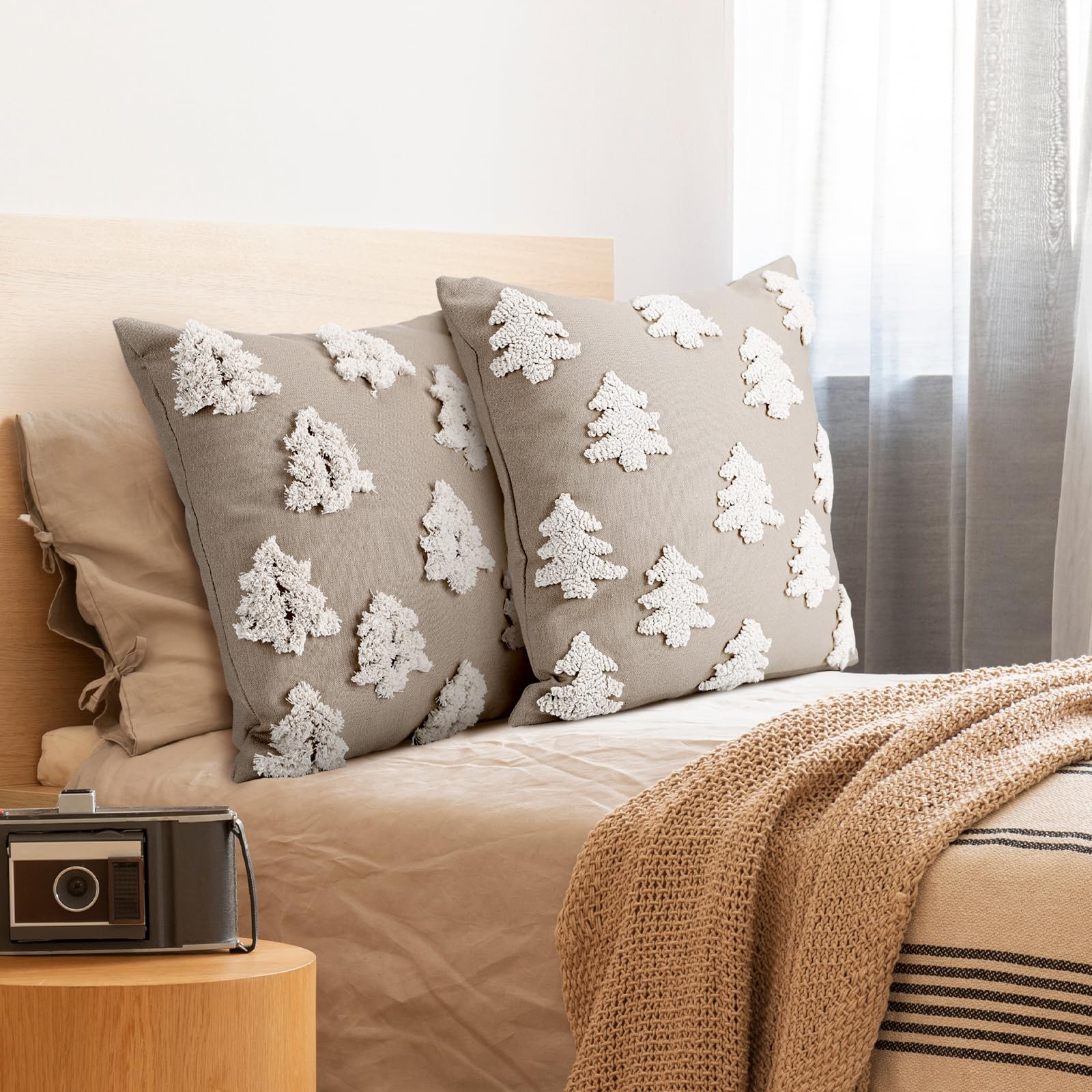 Mixweer 2 Pcs Christmas Pillow Covers 18x18 Inch Christmas Tree Pillow Covers Neutral Christmas Decor Neutral Tufted Xmas Tree Embroidery Decorative Pillow Covers for Home Living Room Bed Decor