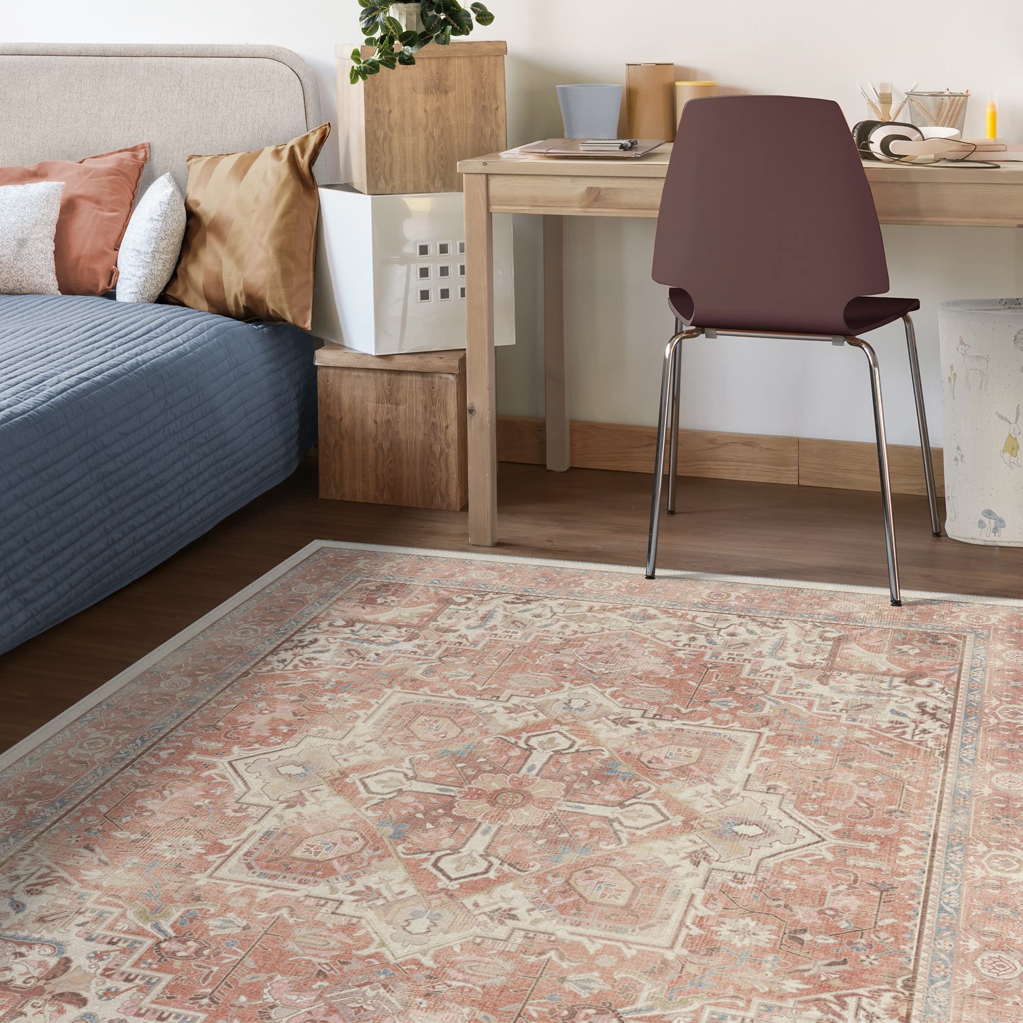RUGGABLE Kamran Washable Rug - Perfect Vintage Area Rug for Living Room Bedroom Kitchen - Pet & Child Friendly - Stain & Water Resistant - Hazel 5&
