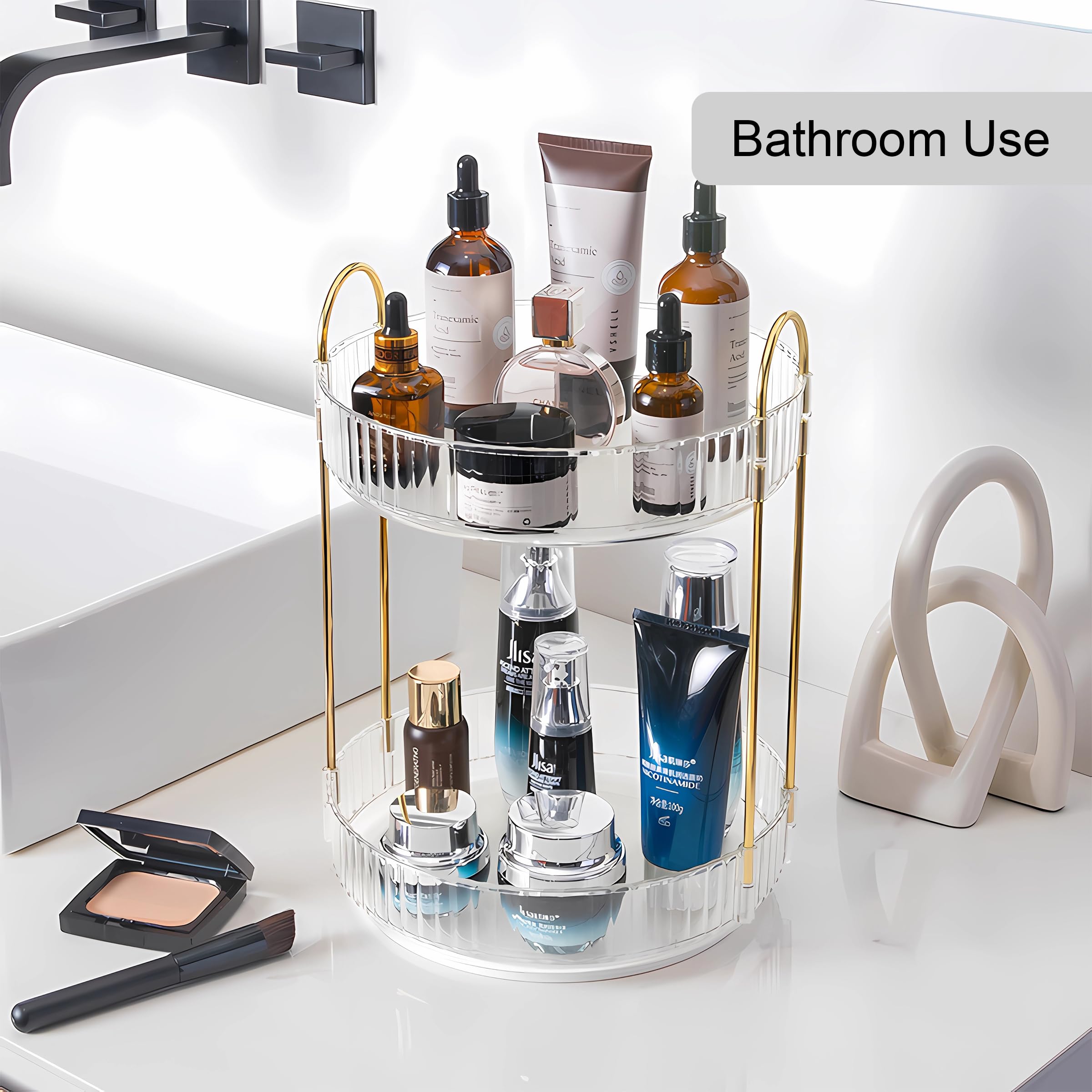 YCIA&DONE 360 Rotating Makeup Organizer and Storage for Vanity Bathroom Countertop, High Capacity Cosmetic Skincare Perfume Organizer for Dresser Lazy Susan Organizers(Clear White,2 Tiers)