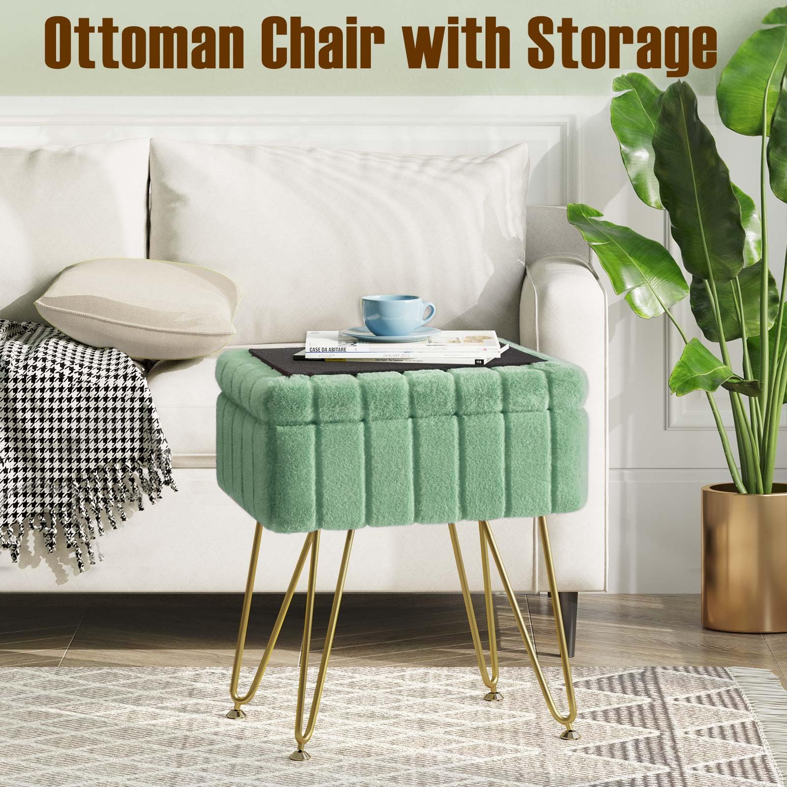 Greenstell Vanity Stool Chair Faux Fur with Storage, 19.4" H x 15.7" L x 11.8" W Soft Ottoman 4 Metal Legs with Anti-Slip Feet, Furry Padded Seat, Modern Multifunctional Chairs for Makeup, Bedroom