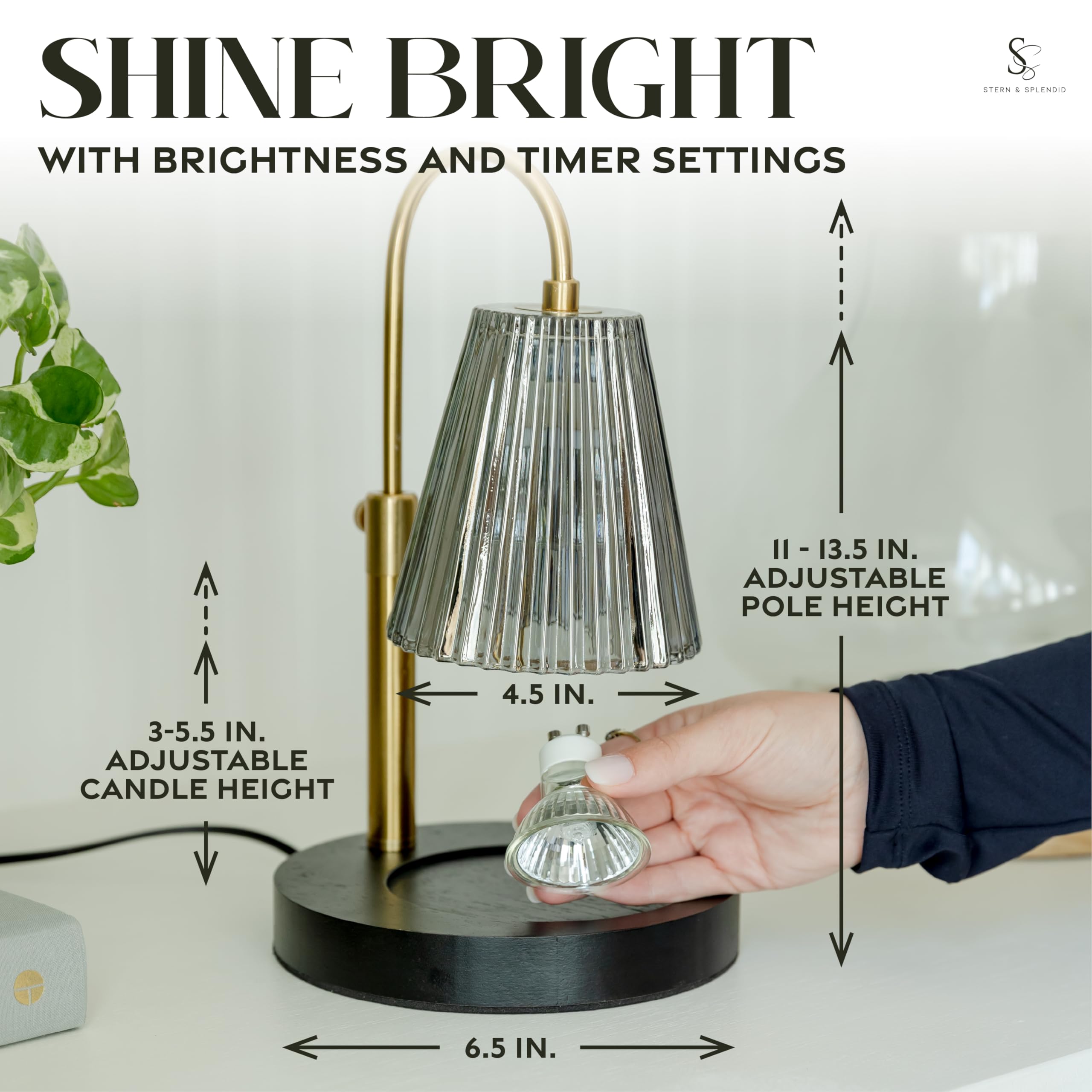 Flameless Candle Warmer Lamp for Jar Candles Large & Small – Dimmable Lamp Candle Warmer Electric with Large Marble Base & Adjustable Height – Candle Melter with Timer and 4 Halogen Light Bulbs