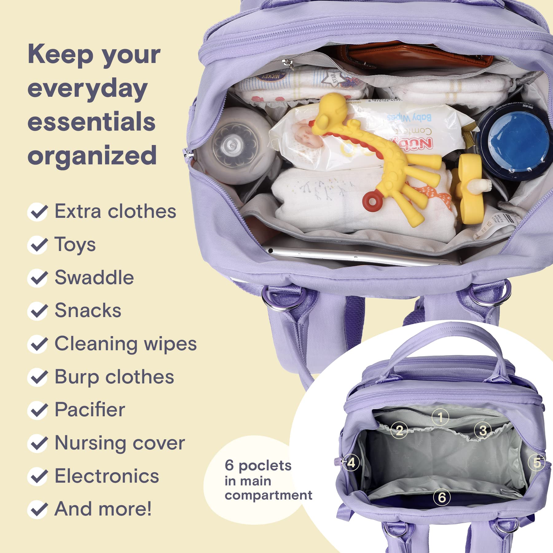 RUVALINO Diaper Bag Backpack, Multifunction Travel Pack Maternity Baby Changing Bags, Large Capacity, Waterproof, Beige