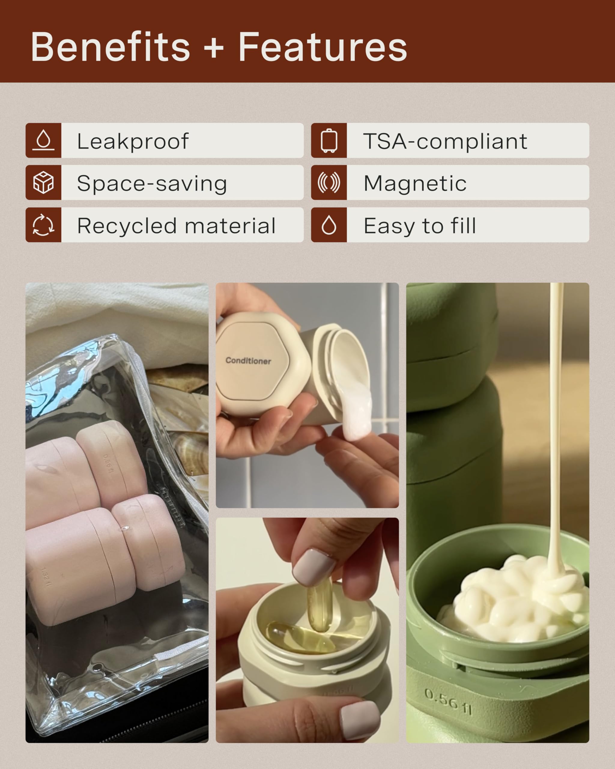 Cadence Travel Containers - Daily Routine Capsule Set - Magnetic Travel Capsules - For Shampoo, Conditioner, Body Wash, Pills, and More - 4 Flex Mediums (1.32oz) & 3 Flex Smalls (0.56oz) - Sand