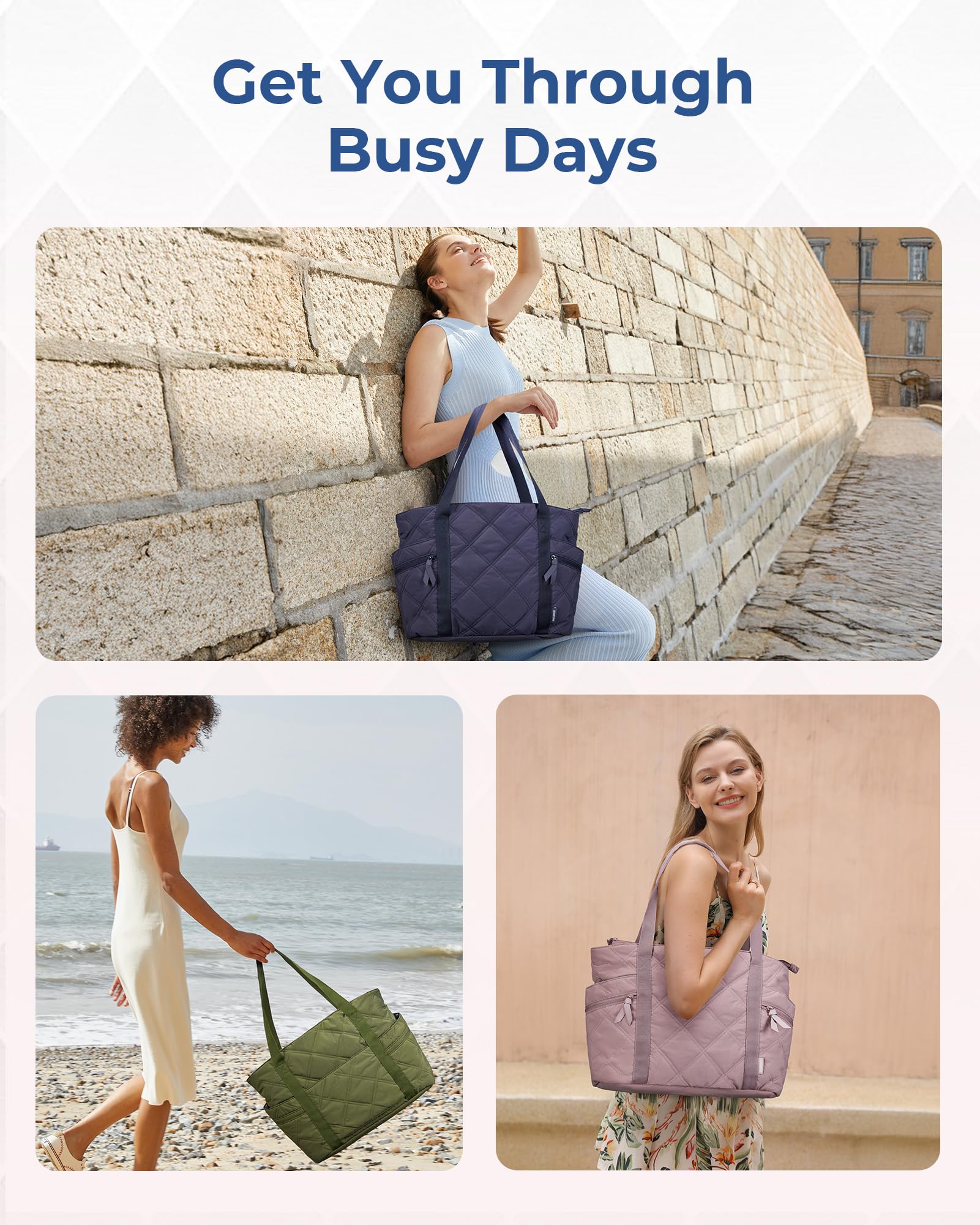 BAGSMART Tote Bag for Women, Puffer Tote Bags with Zipper, Travel Essentials Quilted Nurse Bag Carry On Bag Gifts for Women