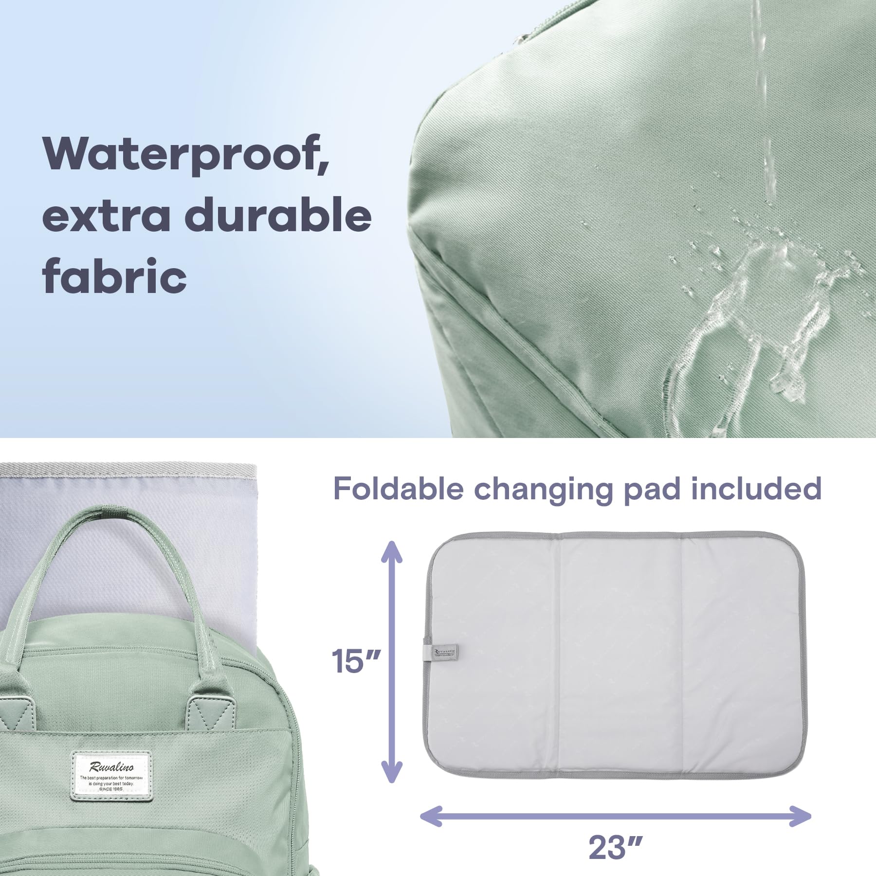 RUVALINO Diaper Bag Backpack, Multifunction Travel Pack Maternity Baby Changing Bags, Large Capacity, Waterproof, Beige