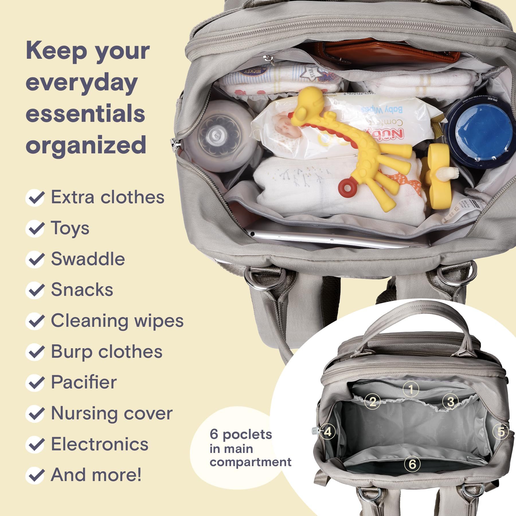 RUVALINO Diaper Bag Backpack, Multifunction Travel Pack Maternity Baby Changing Bags, Large Capacity, Waterproof, Beige