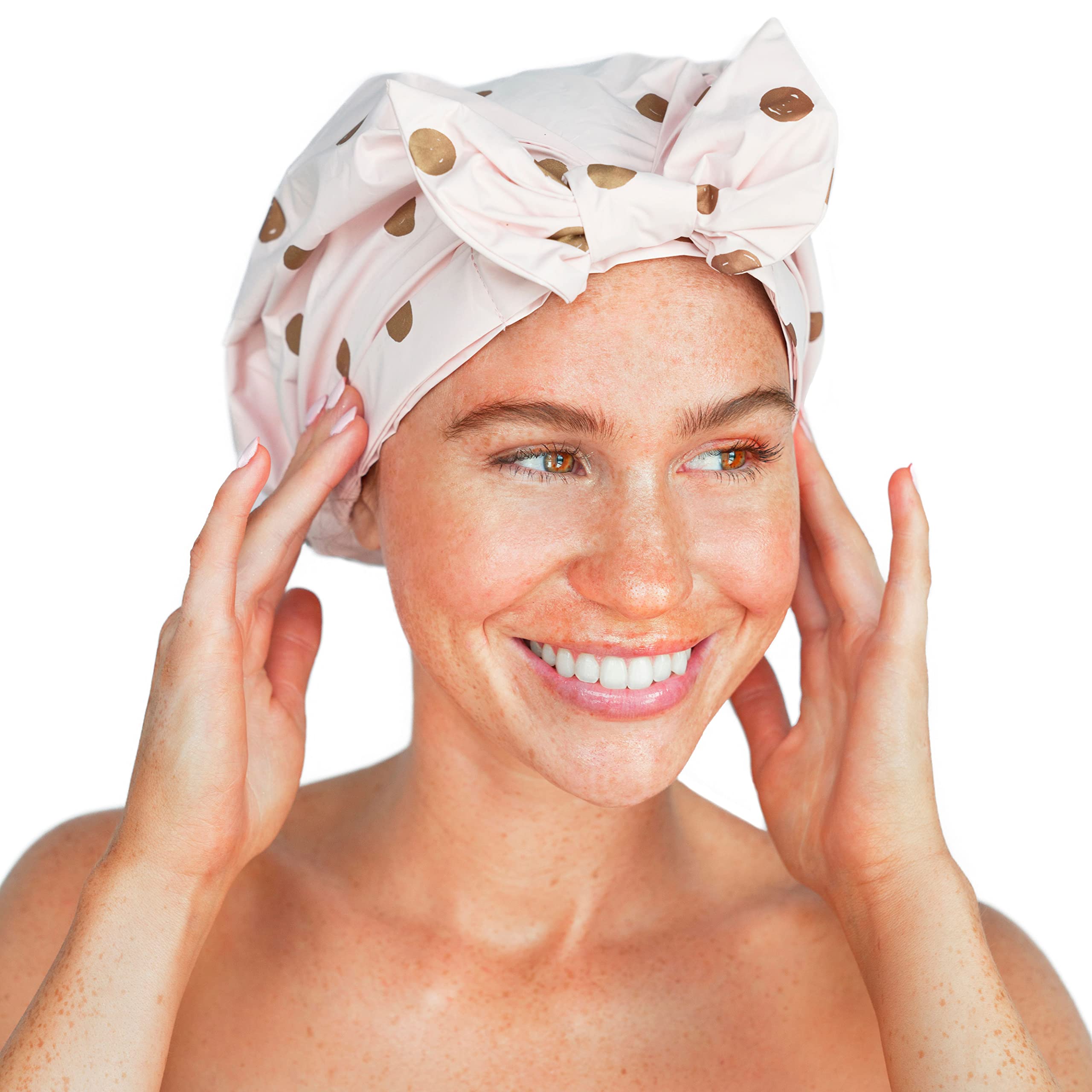 Kitsch Luxury Shower Cap for Women - Reusable Shower Cap for Long Hair with Non Slip Silicon Grip | Waterproof Hair Cap for Shower with One Size Fits Most | Stylish Hair Cover for Shower (Blush Dot)