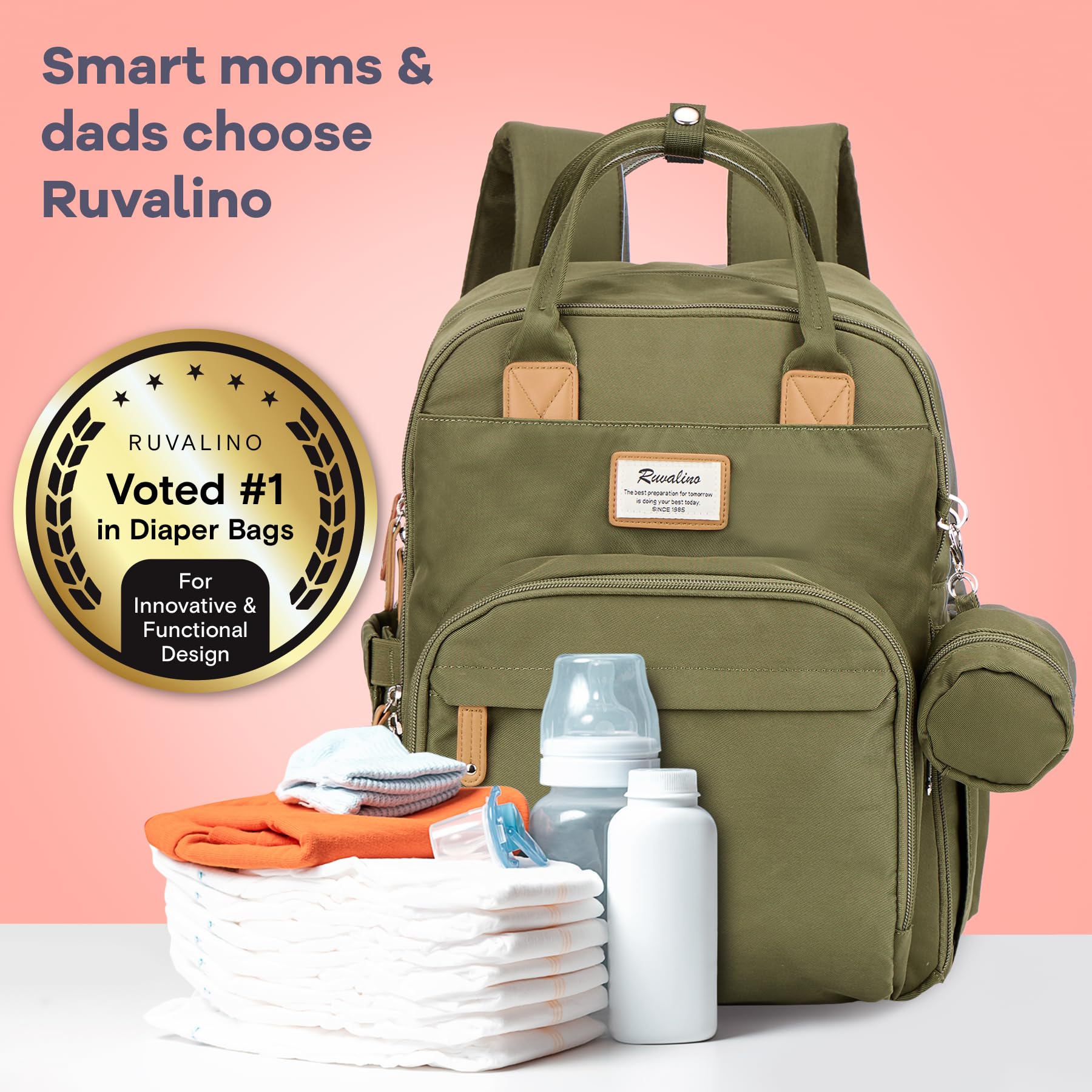 RUVALINO Diaper Bag Backpack, Multifunction Travel Pack Maternity Baby Changing Bags, Large Capacity, Waterproof, Beige