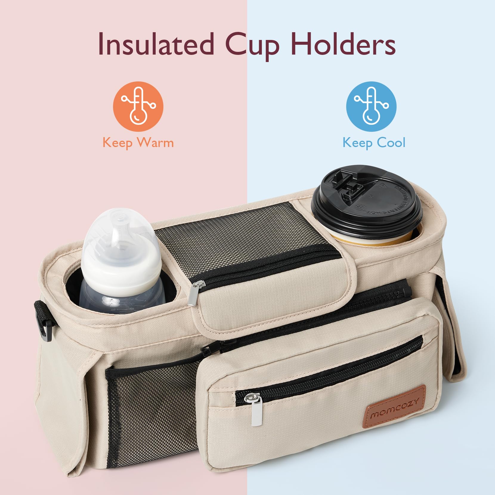 Momcozy Universal Baby Stroller Organizer, 2 Insulated Cup Holder, Detachable Zippered Pocket, Adjustable Shoulder Strap, Large capacity for baby essentials, Compact Design Fits Any Strollers
