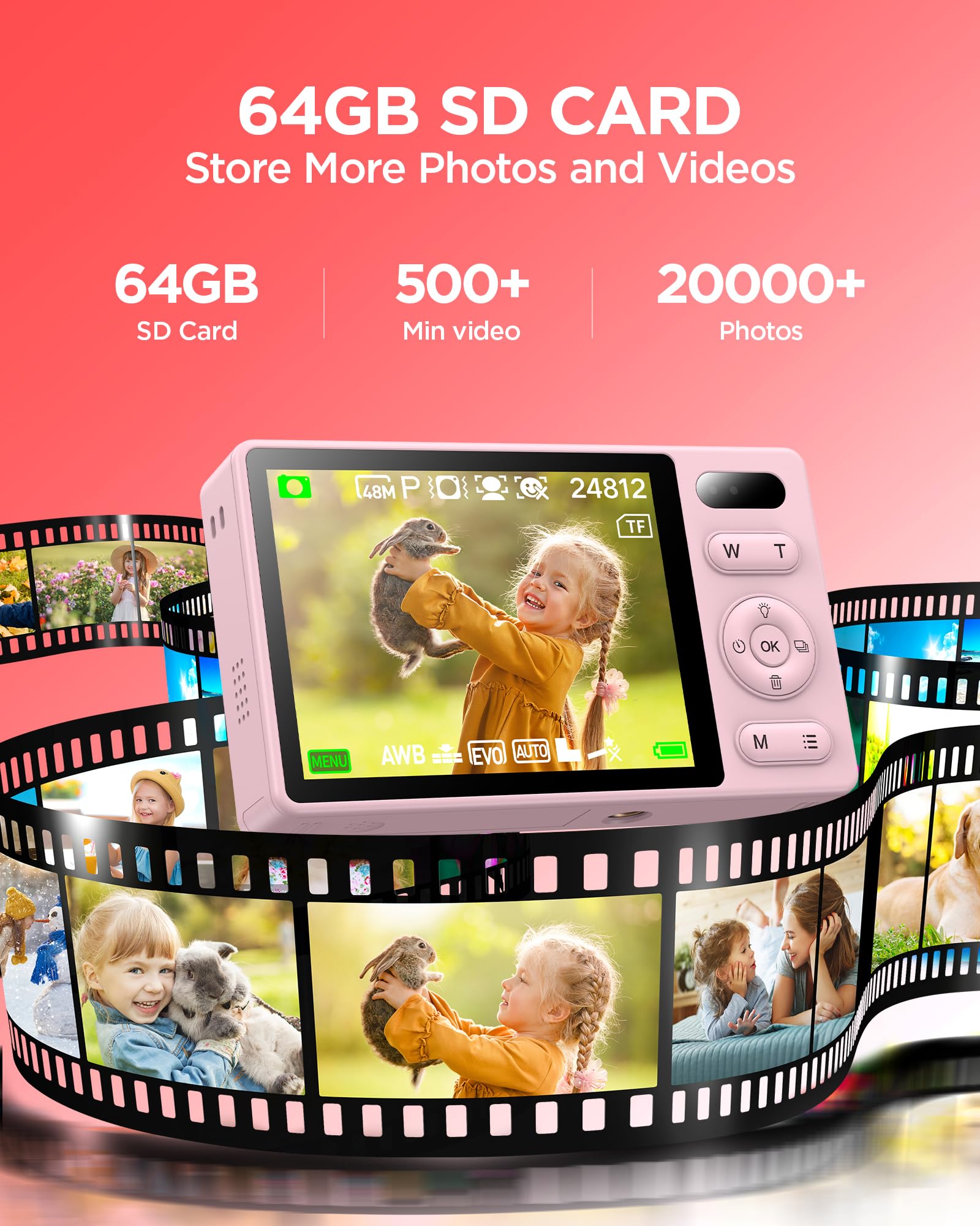 64GB Digital Camera for Kids: 48MP Anti-Shake Camera Photography Vlogging Camera for YouTube 16X Digital Zoom Photo Filtration Continuous Shooting Self-Timer Autofocus Compact Camera