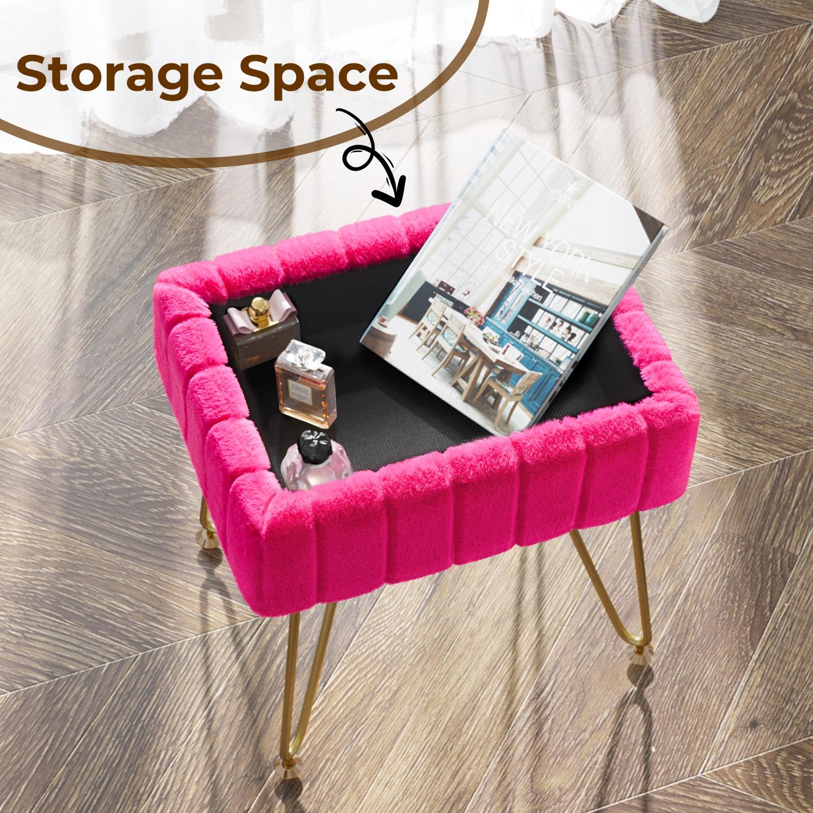 Greenstell Vanity Stool Chair Faux Fur with Storage, 19.4" H x 15.7" L x 11.8" W Soft Ottoman 4 Metal Legs with Anti-Slip Feet, Furry Padded Seat, Modern Multifunctional Chairs for Makeup, Bedroom