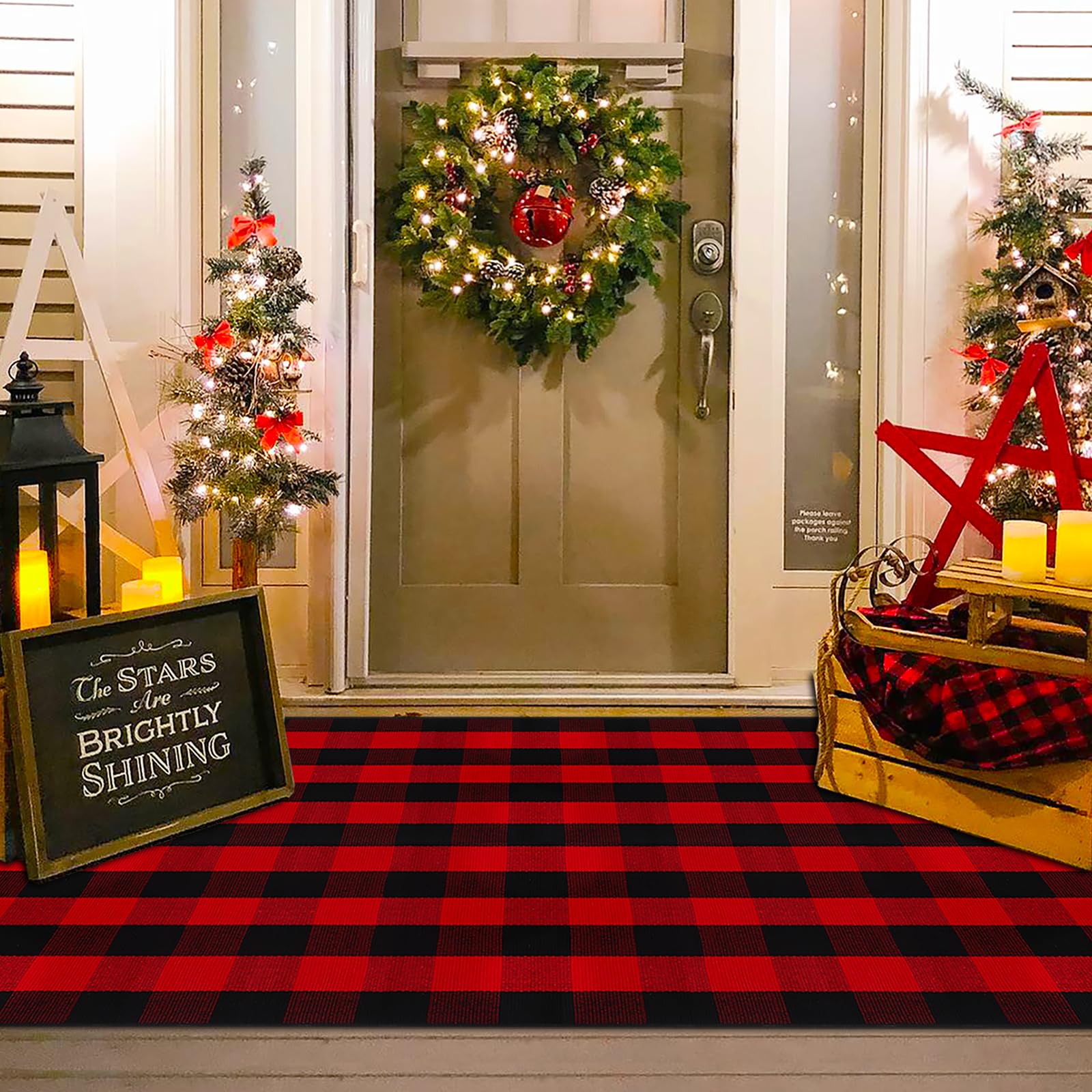Christmas Red and White Plaid Rug - 28 x 43 Inches Outdoor Front Door Decor Mat Cotton Washable Hand-Woven Rug Christmas New Year Holiday Porch Entryway Layered Doormat