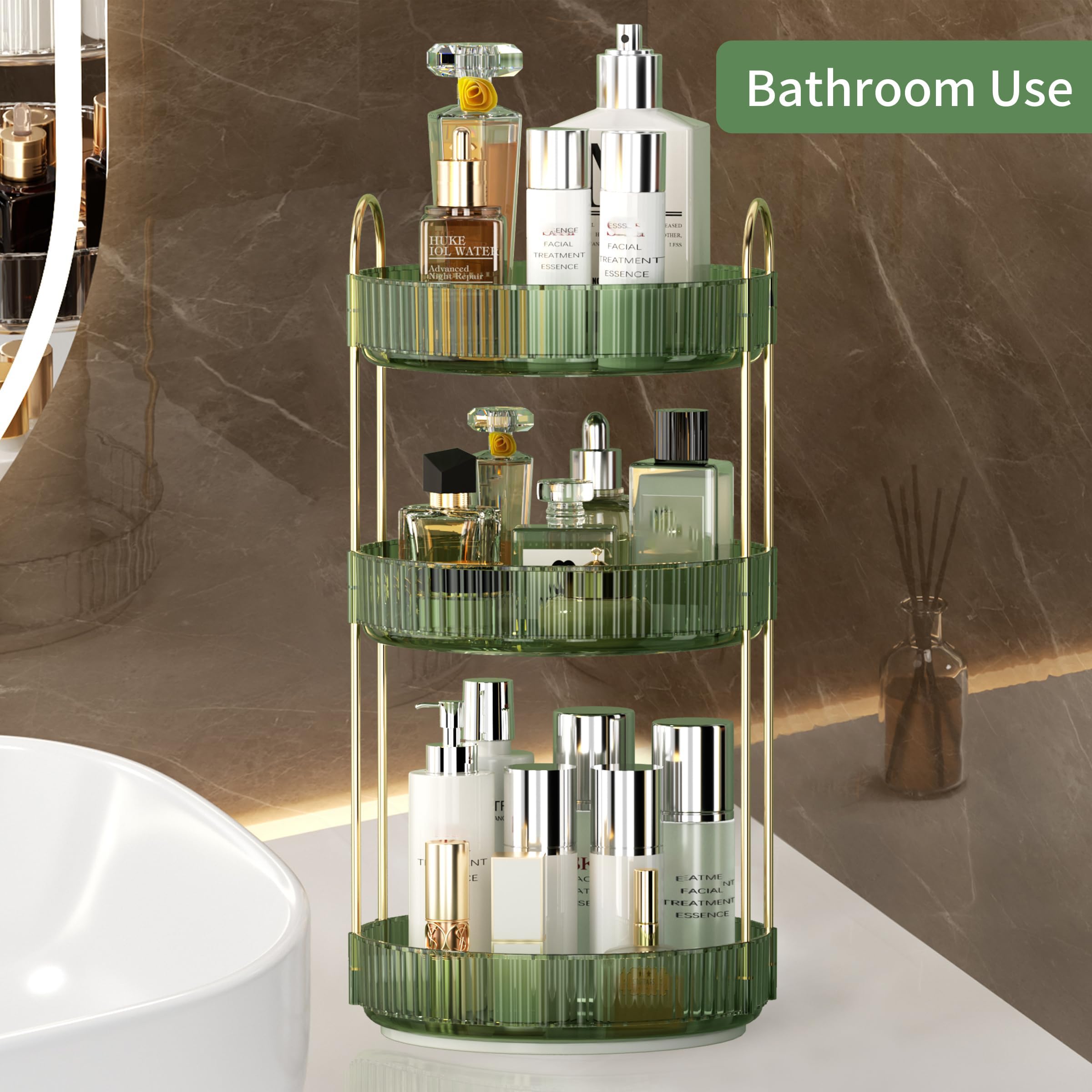 YCIA&DONE 360 Rotating Makeup Organizer and Storage for Vanity Bathroom Countertop, High Capacity Cosmetic Skincare Perfume Organizer for Dresser Lazy Susan Organizers(Clear White,2 Tiers)