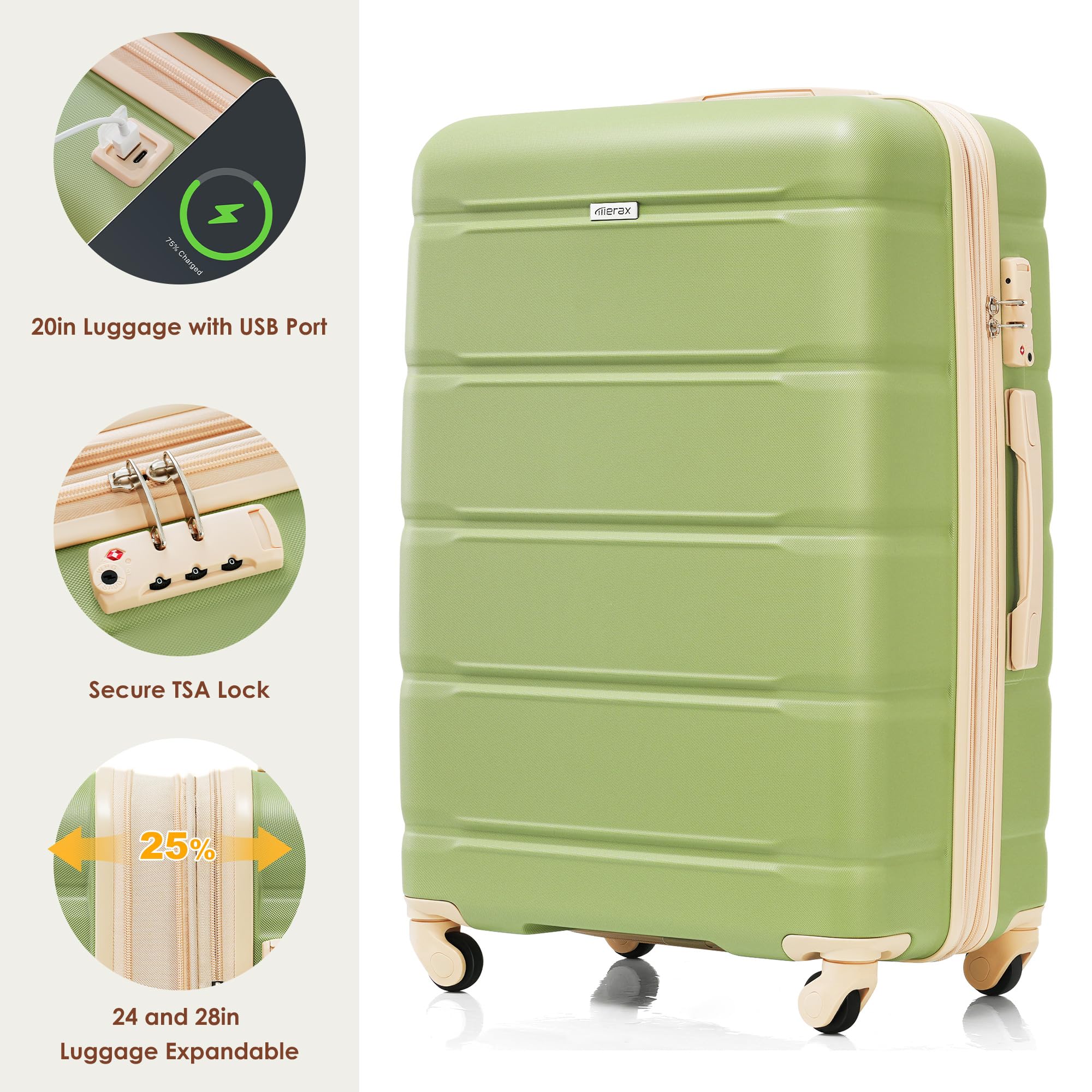 Merax 3 Pcs ABS Hardside Luggage Sets TSA Lock Spinner Wheel Suitcases, Pearly White, 20/24/28 Inch