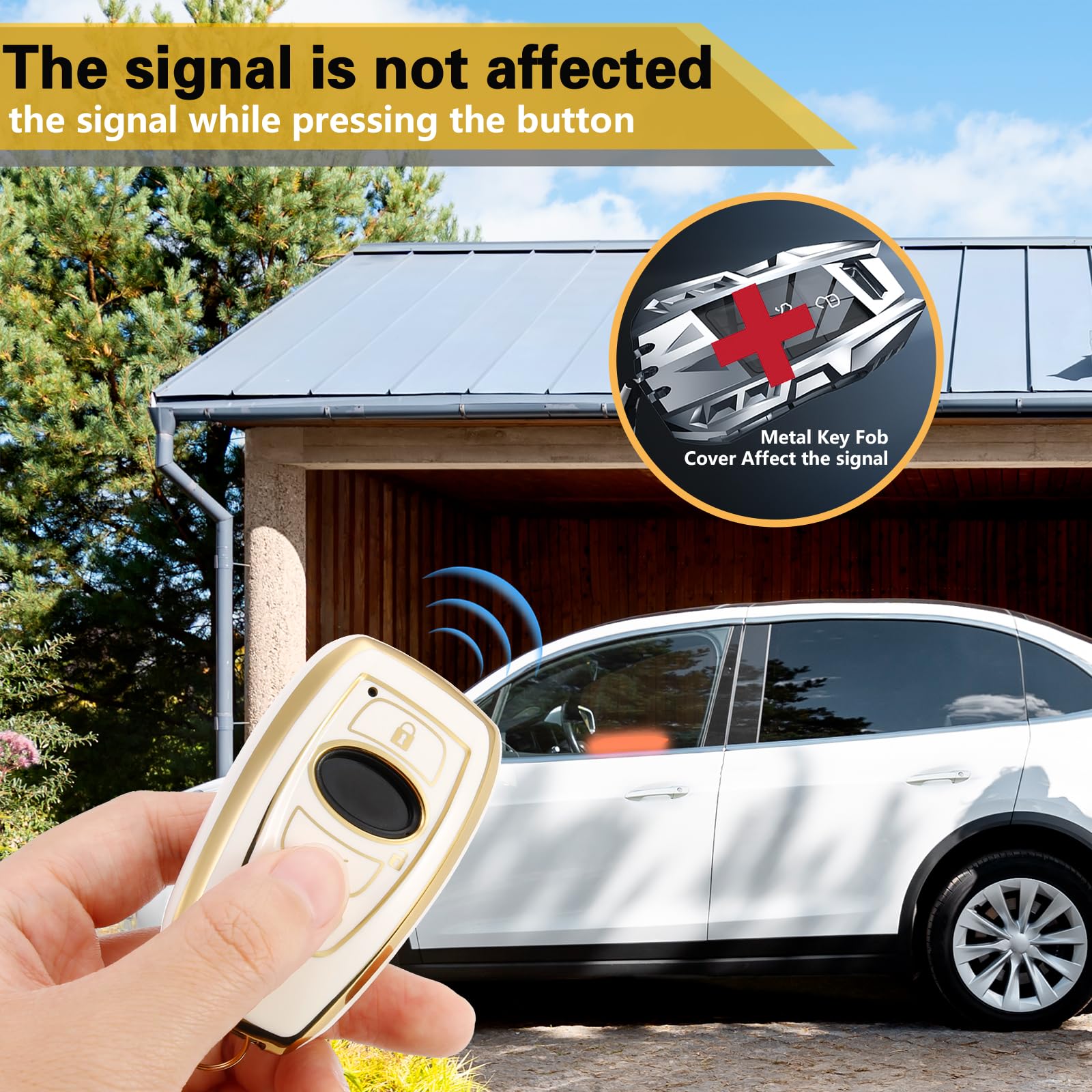 Cadillac Key Fob Cover with Metal Braided Rope Keychain, Upgraded Soft Key Case for 2015-2019 Escalade CTS SRX XT5 ATS STS CT6 (5 Button) (Gold Edge)