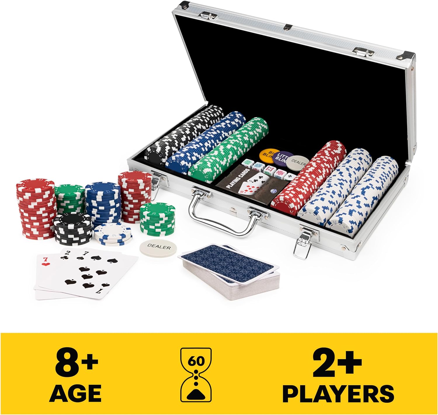 Cardinal Classics, 300-Piece Poker Set with Aluminum Carrying Case & Professional Weight Chips Plus 5 Poker Dice, Casino Game for Adults and Kids Ages 8 and up