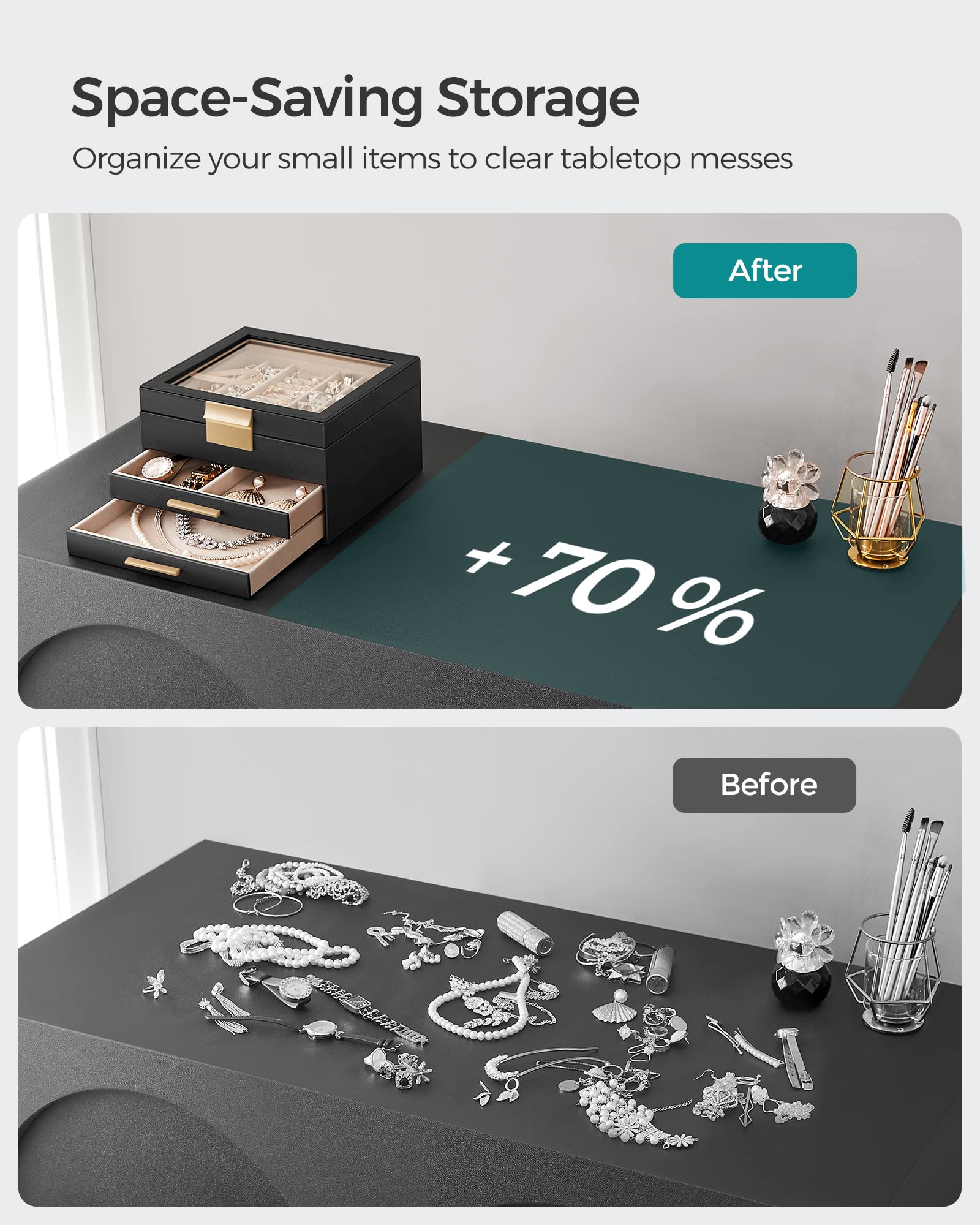 SONGMICS Jewelry Box with Glass Lid, 3-Layer Jewelry Organizer, 2 Drawers, for Big and Small Jewelry, Jewelry Storage, Modern Style, 8 x 9.1 x 5.3 Inches, Cloud White and Gold Color UJBC239WT