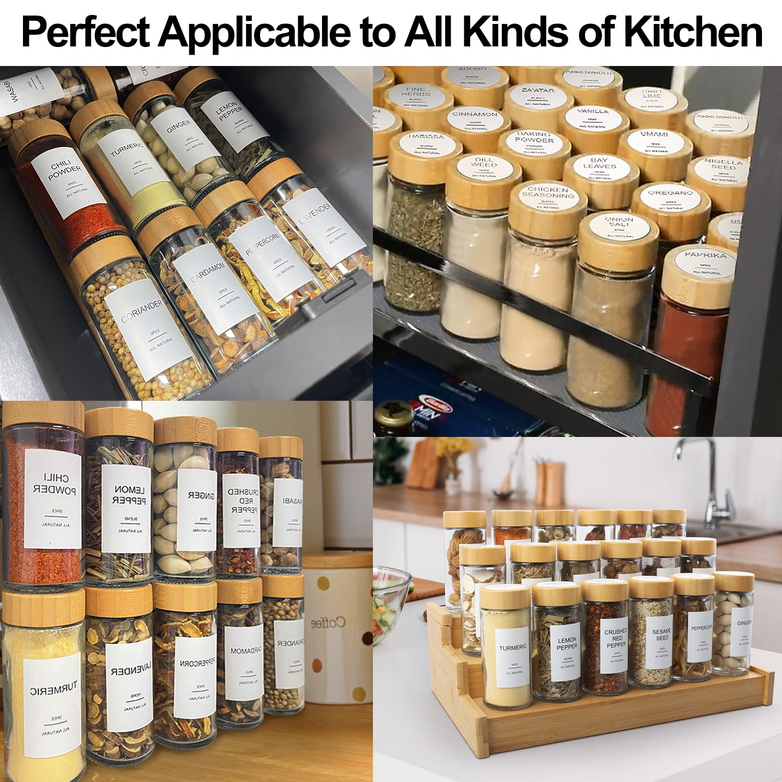 AISIPRIN 24 Pcs Glass Spice Jars with Bamboo Airtight Lids and 398 Labels, 4oz Empty Square Containers Seasoning Storage Bottles - Shaker Lids, Funnel, Brush and Marker Included