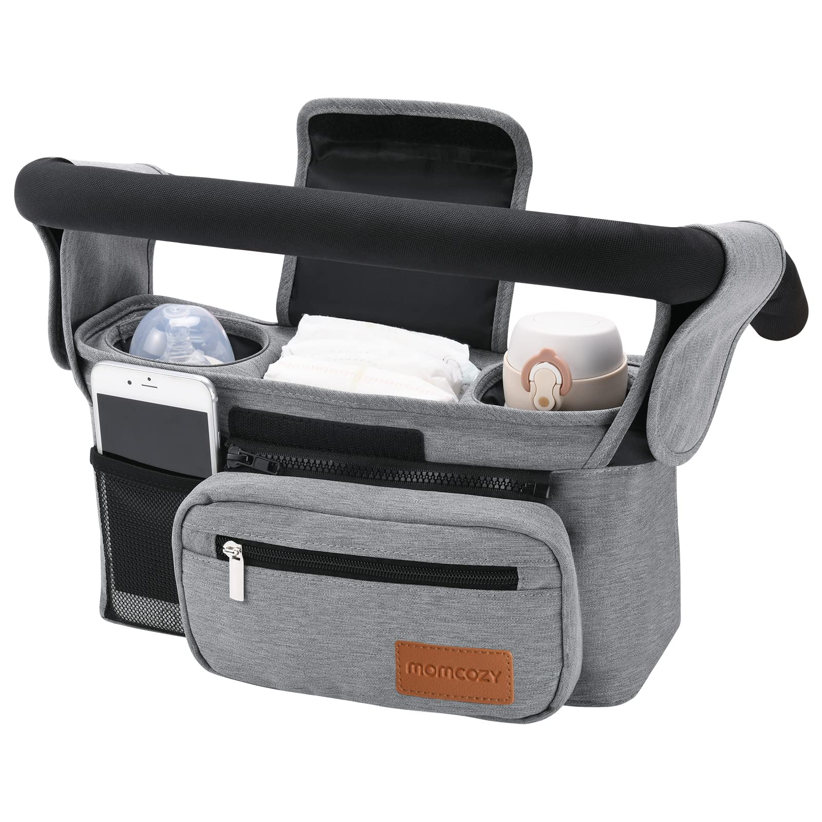 Momcozy Universal Baby Stroller Organizer, 2 Insulated Cup Holder, Detachable Zippered Pocket, Adjustable Shoulder Strap, Large capacity for baby essentials, Compact Design Fits Any Strollers