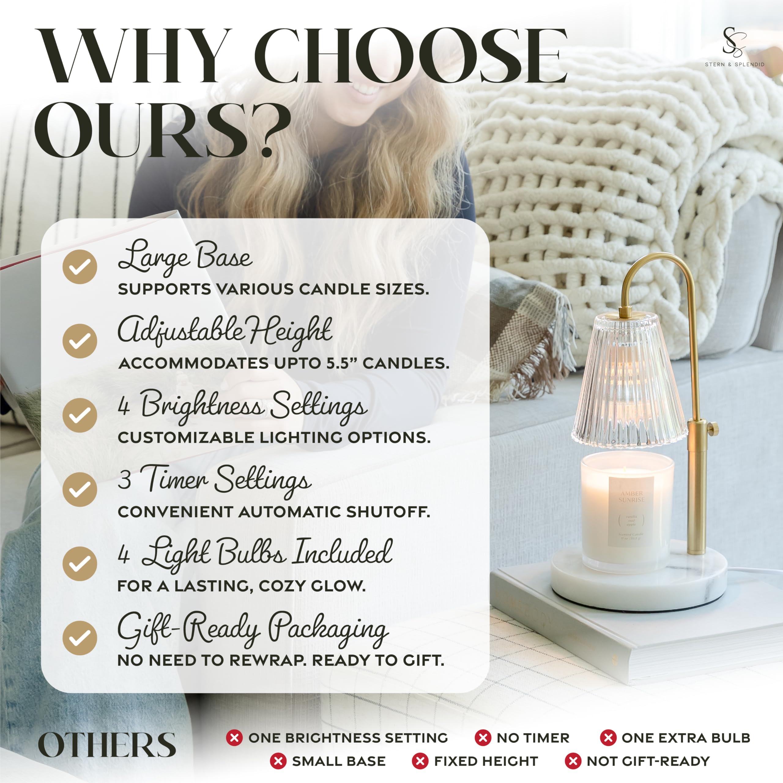 Flameless Candle Warmer Lamp for Jar Candles Large & Small – Dimmable Lamp Candle Warmer Electric with Large Marble Base & Adjustable Height – Candle Melter with Timer and 4 Halogen Light Bulbs