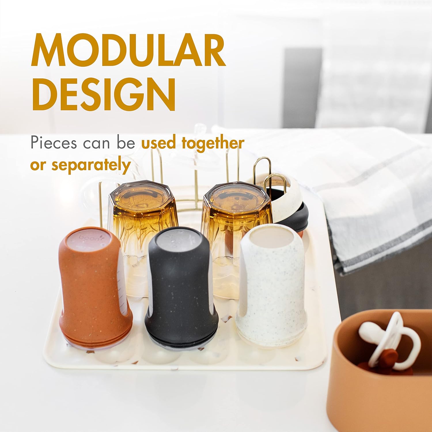 Boon ARC Modular Drying Rack — Includes Silicone Drying Mat, Accessory Cup, and 7-Prong Wire Bottle Rack — Baby Essentials