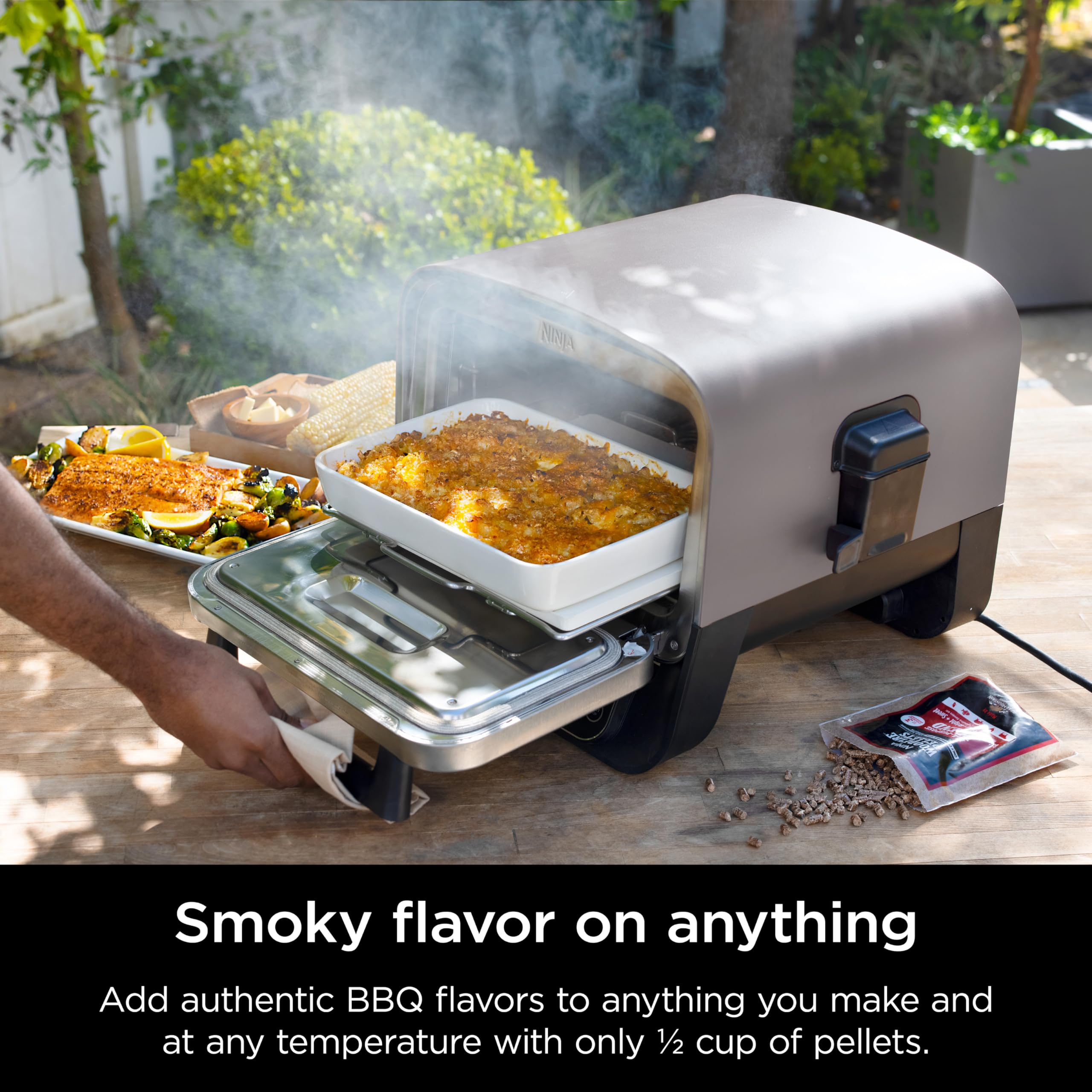 Ninja Woodfire 8-in-1 Outdoor Oven, Pizza Oven, 700°F High Heat Roaster, BBQ Smoker, Ninja Woodfire Technology, Weather Resistant, Portable, Electric, Grey, OO101LWC (Canadian Version)